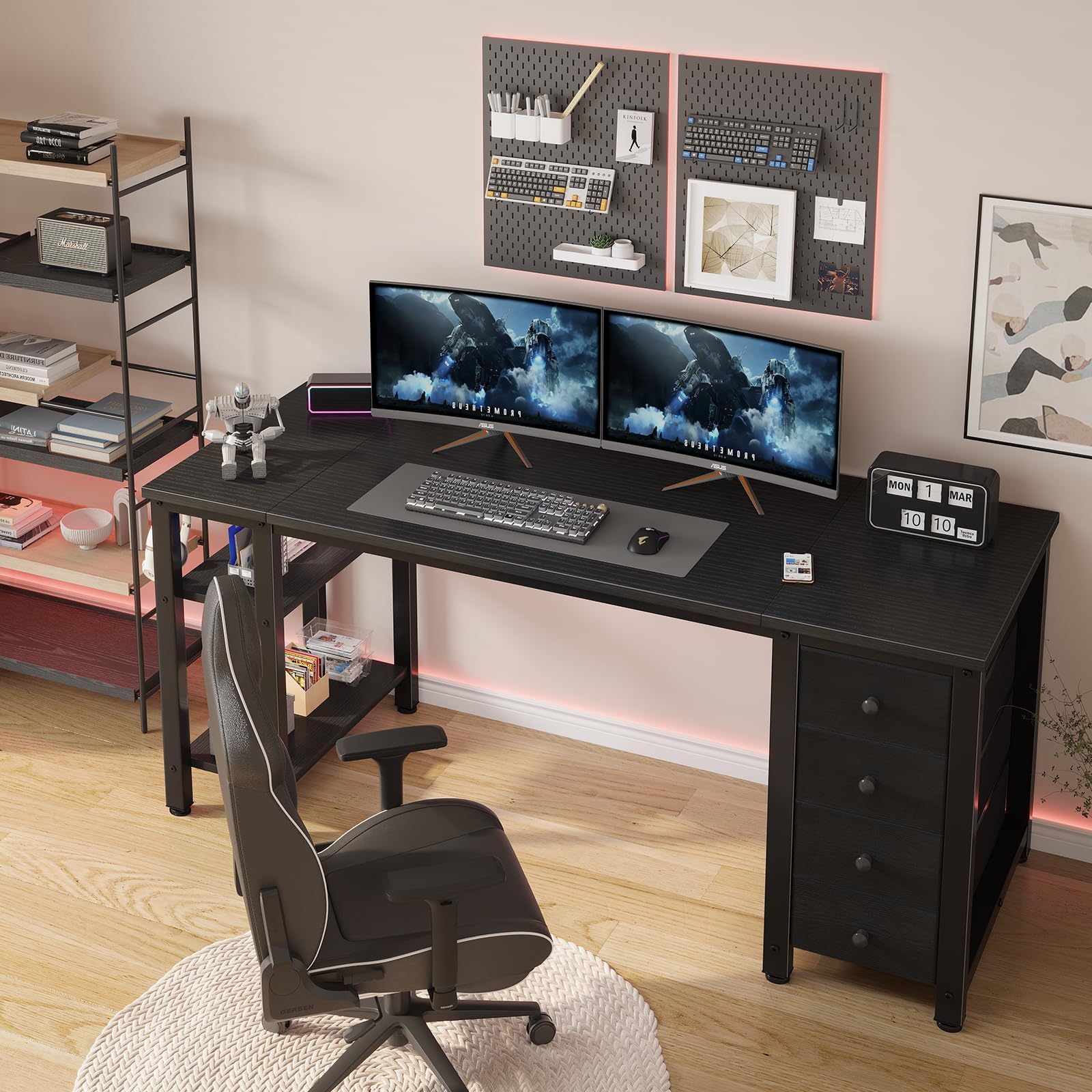 Lufeiya 55 Inch Gaming Desk with 4 Fabric Drawers & Storage Shelves - Ergonomic Computer Desk for Home Office, Study, Bedroom - Modern Simple Student PC Workstation (Black) | Perfect for Gaming Setup, Remote Work & Small Space Organization