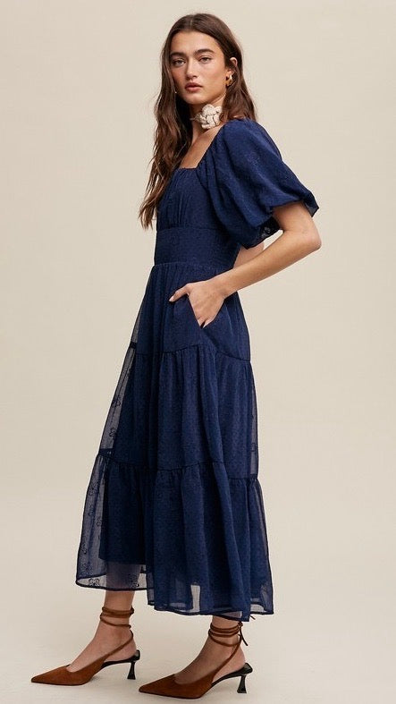 Eloise Puff Sleeve Embroidered Tulle Midi Dress - Elegant Evening Gown for Women in Midnight Blue | Perfect for Weddings, Parties & Special Occasions