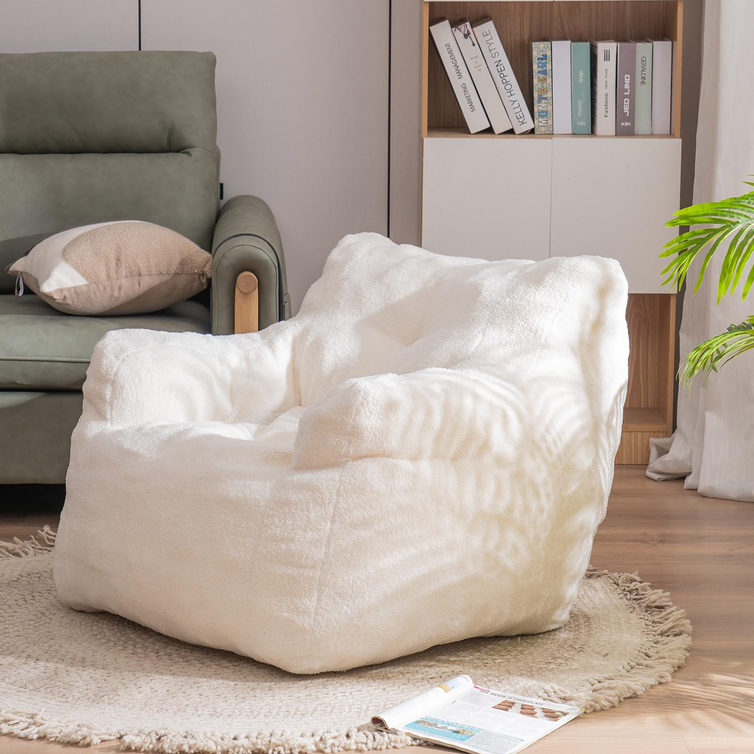 Soft Tufted Bean Bag Chair for Adults & Kids - Medium Teddy Fabric Bean Bag with Arms in Ivory White - Perfect for Living Room, Bedroom, Dorm & Game Room Relaxation