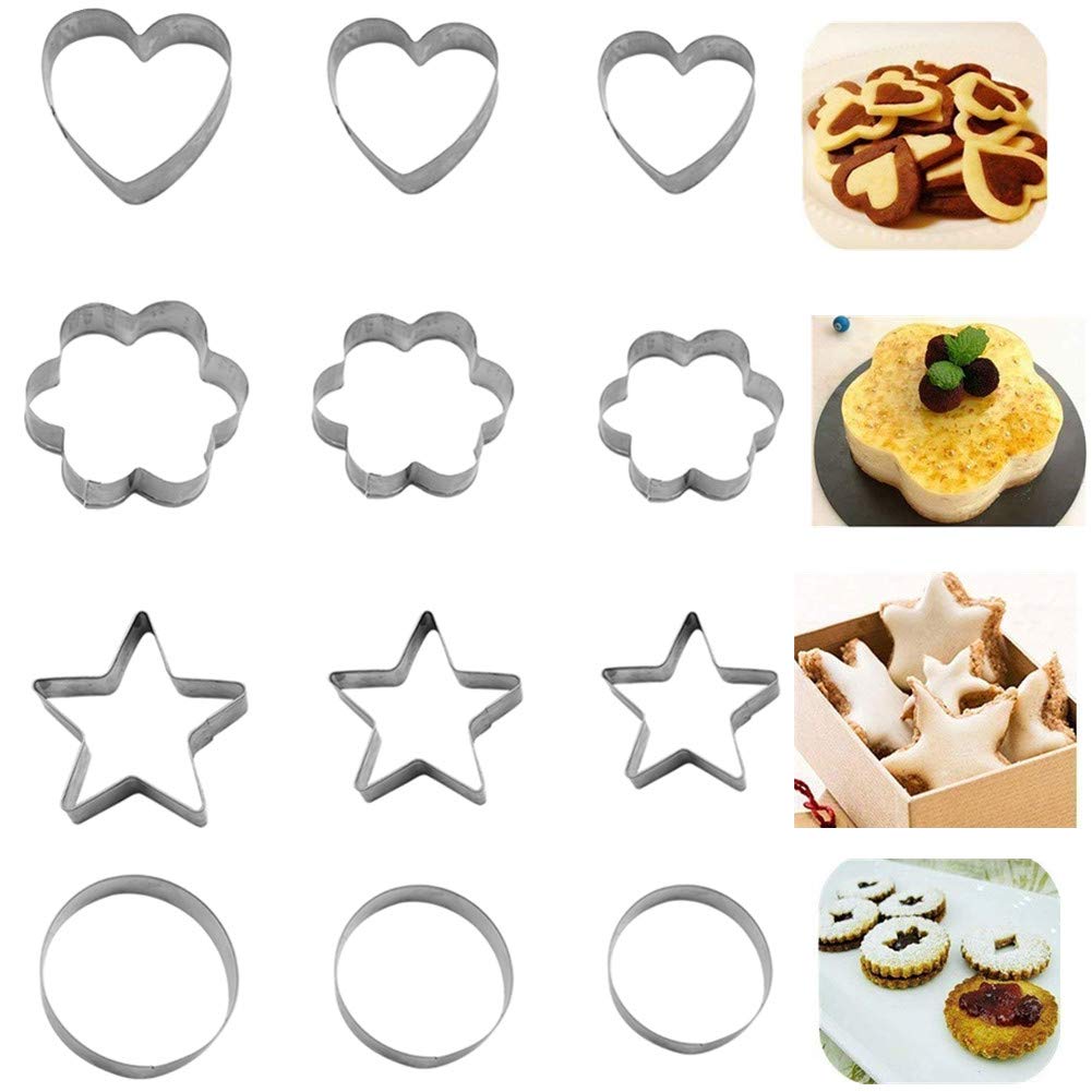 12-Piece Stainless Steel Cookie Cutter Set - Heart, Flower, Star & Round Shapes for Baking Dough, Cookies, Fondant, Brownies - Perfect for DIY Desserts, Cake Decorating & Holiday Baking