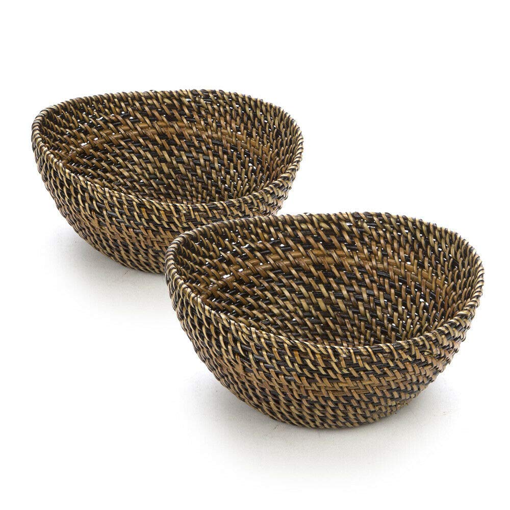 Set of 2 Small Woven Serving Bowls with Removable Crescent Glass Bowl Inserts - Perfect for Salads, Snacks & Party Appetizers - Eco-Friendly Home Dining & Entertaining