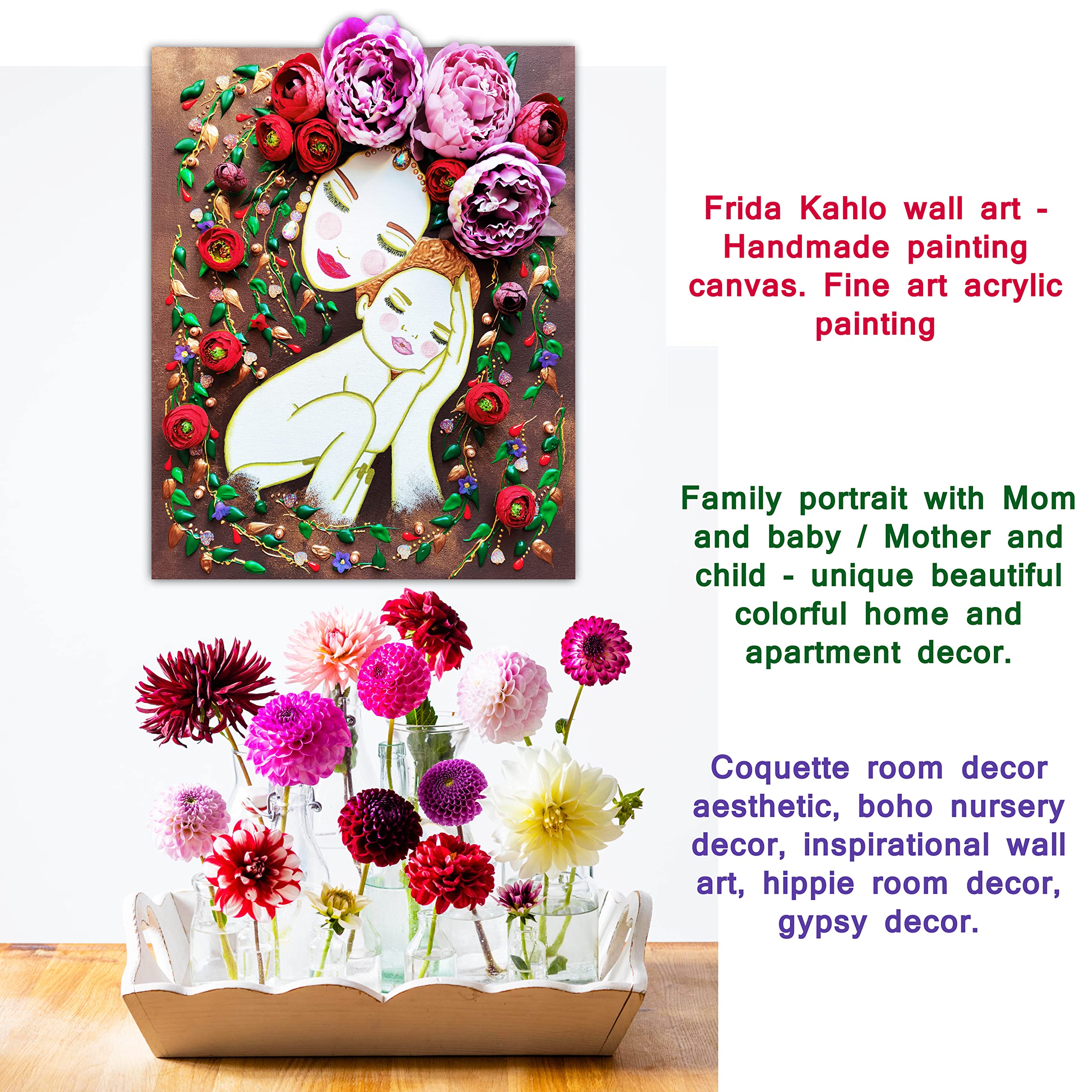 Frida Kahlo Wall Art - Handmade Canvas Painting, Fine Art Acrylic Painting for Coquette, Hippie & Boho Room Decor - Perfect for Nursery, Gypsy Style & Aesthetic Spaces - Unique Mother's Day Gift Idea from Husband