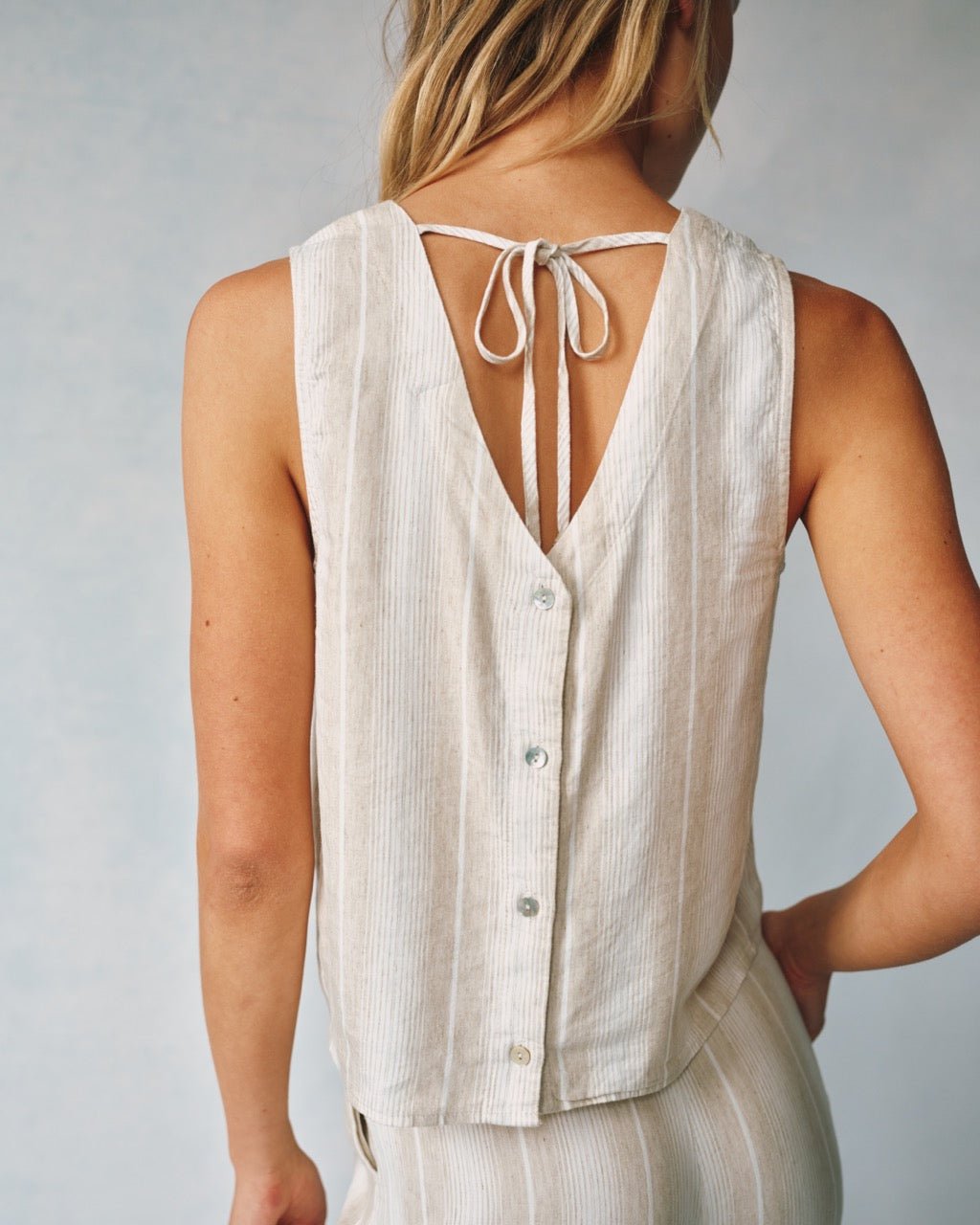 Sleeveless Button Back Top - Positano Sand Stripe Women's Summer Blouse | Beach Vacation Outfit, Casual Wear & Date Night Shirt