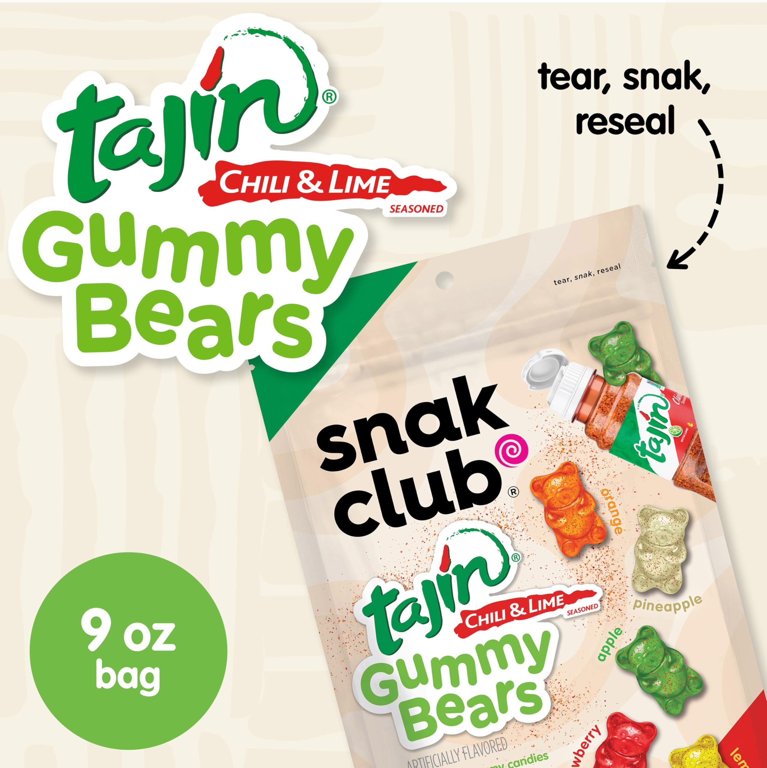 Snak Club Tajin Gummy Bears - Spicy Chili Lime Flavored Assorted Fruit Candy | Gluten-Free, Vegan Gummy Snacks | 9oz Resealable Bag | Perfect for Movie Nights, Road Trips & Office Treats