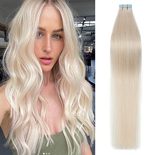 S-noilite 18 Inch Blonde Tape in Hair Extensions 100g 40pcs - 100% Remy Human Hair, Double Sided Rooted Seamless Skin Weft for Natural Look - Bleach White #70 - Perfect for Daily Wear, Parties & Special Occasions
