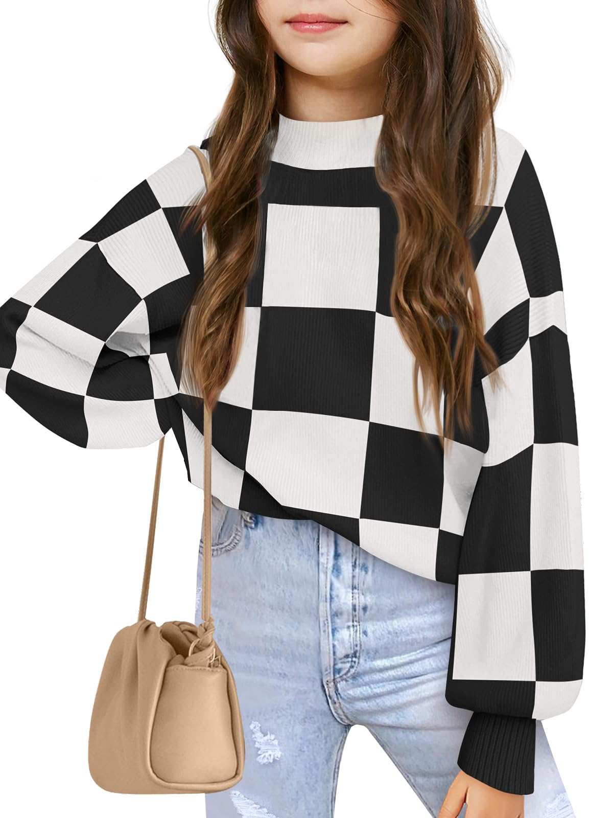 Girls Plaid Mock Neck Pullover Sweater - Fashion Knit Top for Kids Ages 5-14 Years | Cozy Winter Wear, School Outfits & Holiday Dresses