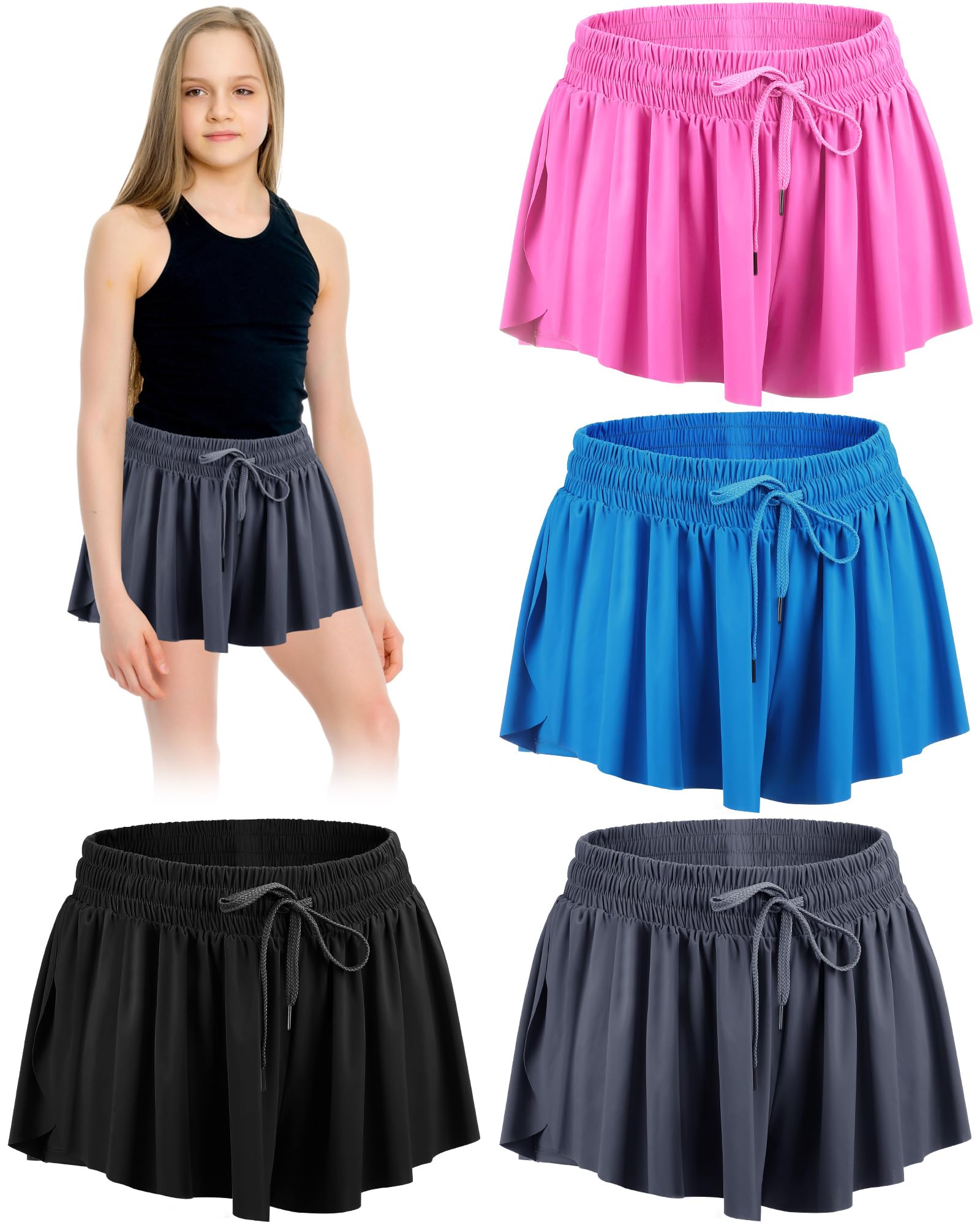 4 Pack Girls 2-in-1 Flowy Running Shorts with Pockets - Teen Kids Butterfly Print Gym Shorts for Women - Summer Workout Yoga Shorts for Running, Fitness & Casual Wear