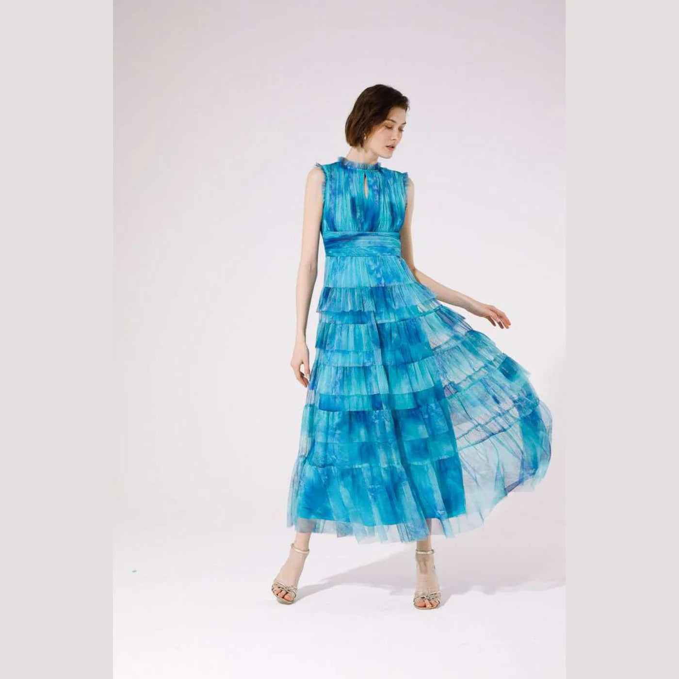 Mercurio Maxi Dress - Flowy Aqua Print Summer Dress for Women | Beach Wedding, Vacation & Casual Outfit