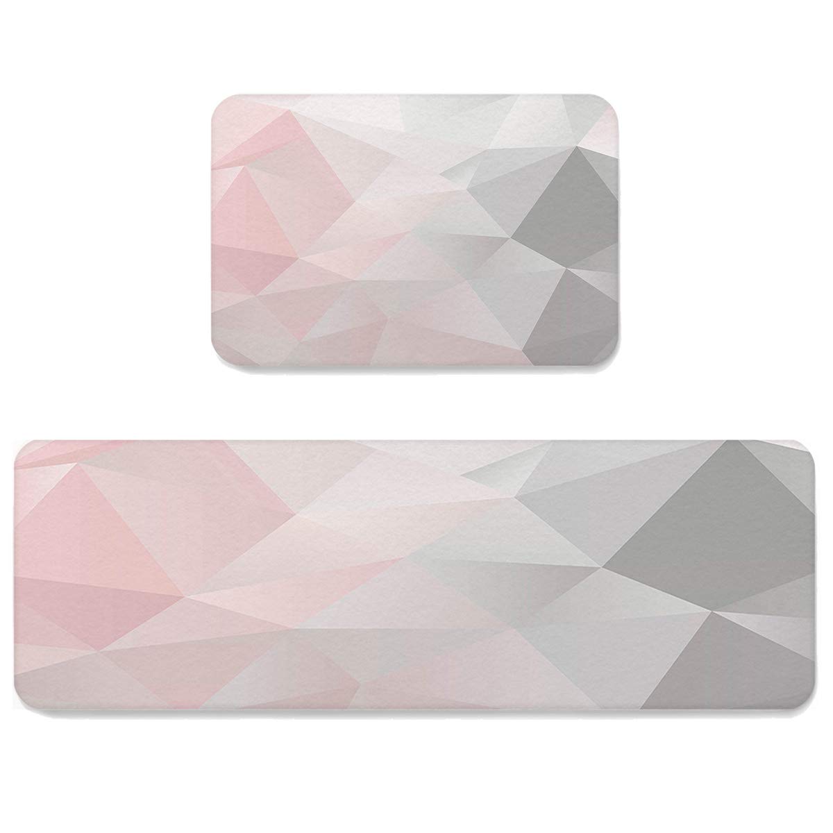 HELLOWINK Anti-Fatigue Kitchen Mat Set of 2 - Non-Slip Geometric Grey and Pink Floor Mats for Kitchen, Sink, Laundry Room & Home Office - Comfortable Triangle Design Rugs for Standing Long Hours at Work