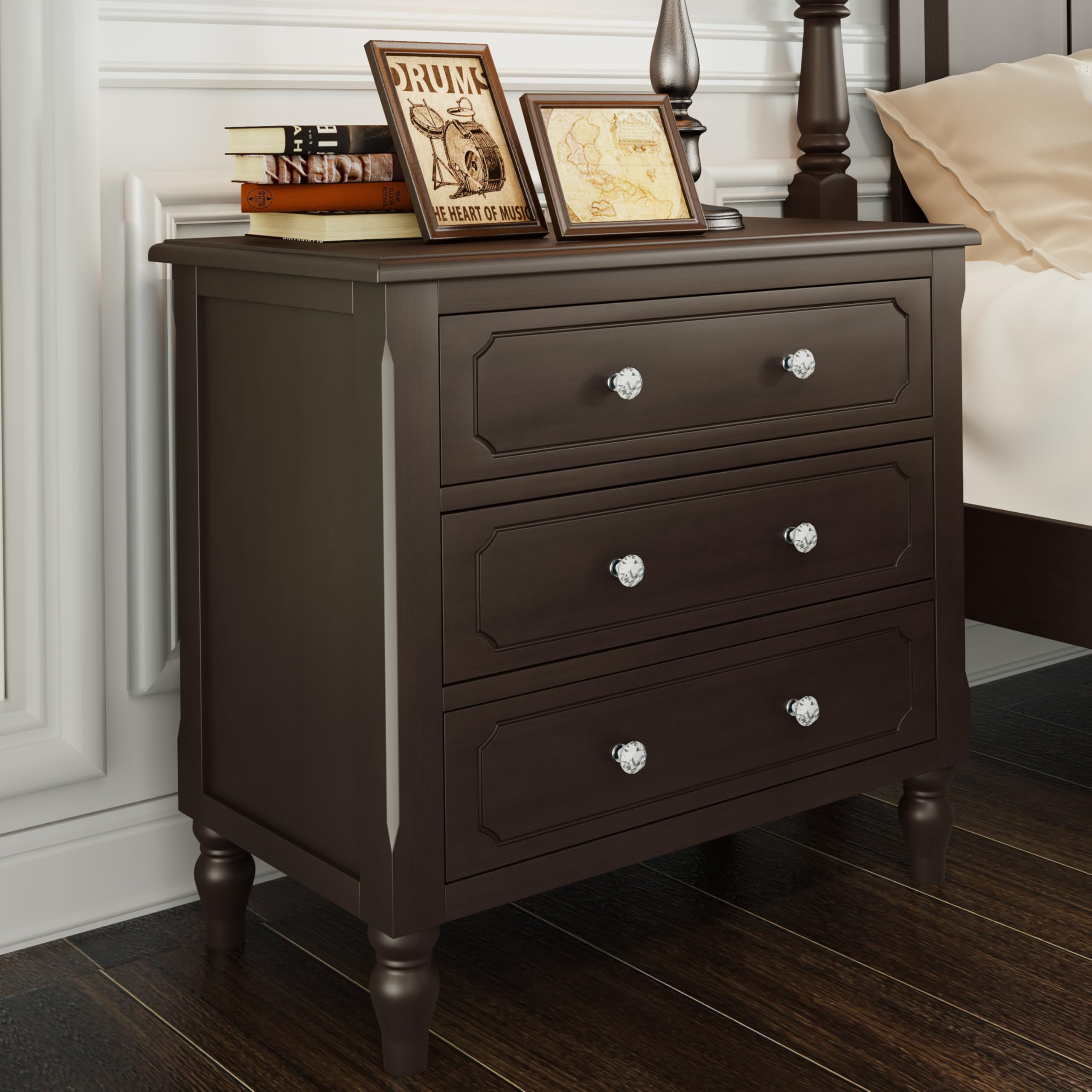 Vintage Wood Nightstand with 3 Storage Drawers - Fully Assembled Brown Bedside Table, Sofa Side Table with Sturdy Legs - Perfect for Bedroom, Living Room & Office Use