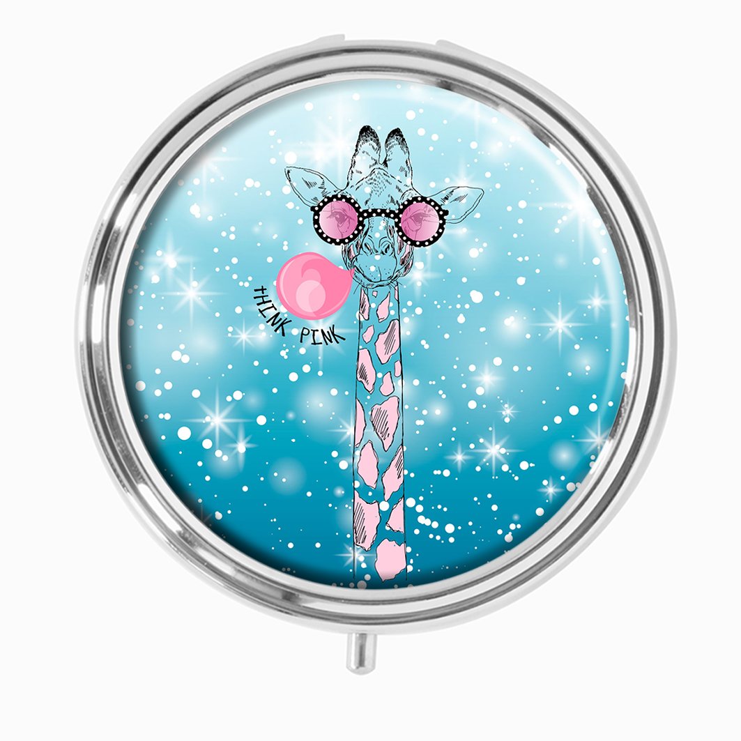 Lovefive Giraffe in Pink Glasses Blowing Bubble Gum - Custom Fashion Silver Round Pill Case Organizer - Portable Medicine Holder for Travel, Work & Daily Use