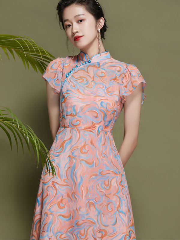 Elegant Pink Chiffon Cheongsam Qi Pao Dress with Frill Sleeves | Vintage Chinese Qipao Dress for Women | Perfect for Weddings, Parties & Special Occasions