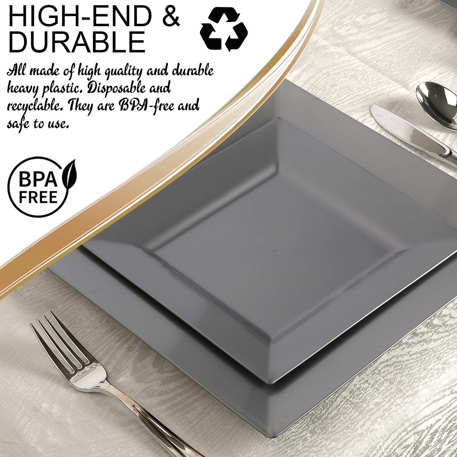 Elegant Disposable Plastic Dinnerware Set for 60 Guests - Square Silver Plates, Dessert Plates, Cutlery & Cups | Perfect for Weddings, Birthday Parties, Catering & Special Events | Durable & Stylish Tableware for Hassle-Free Entertaining