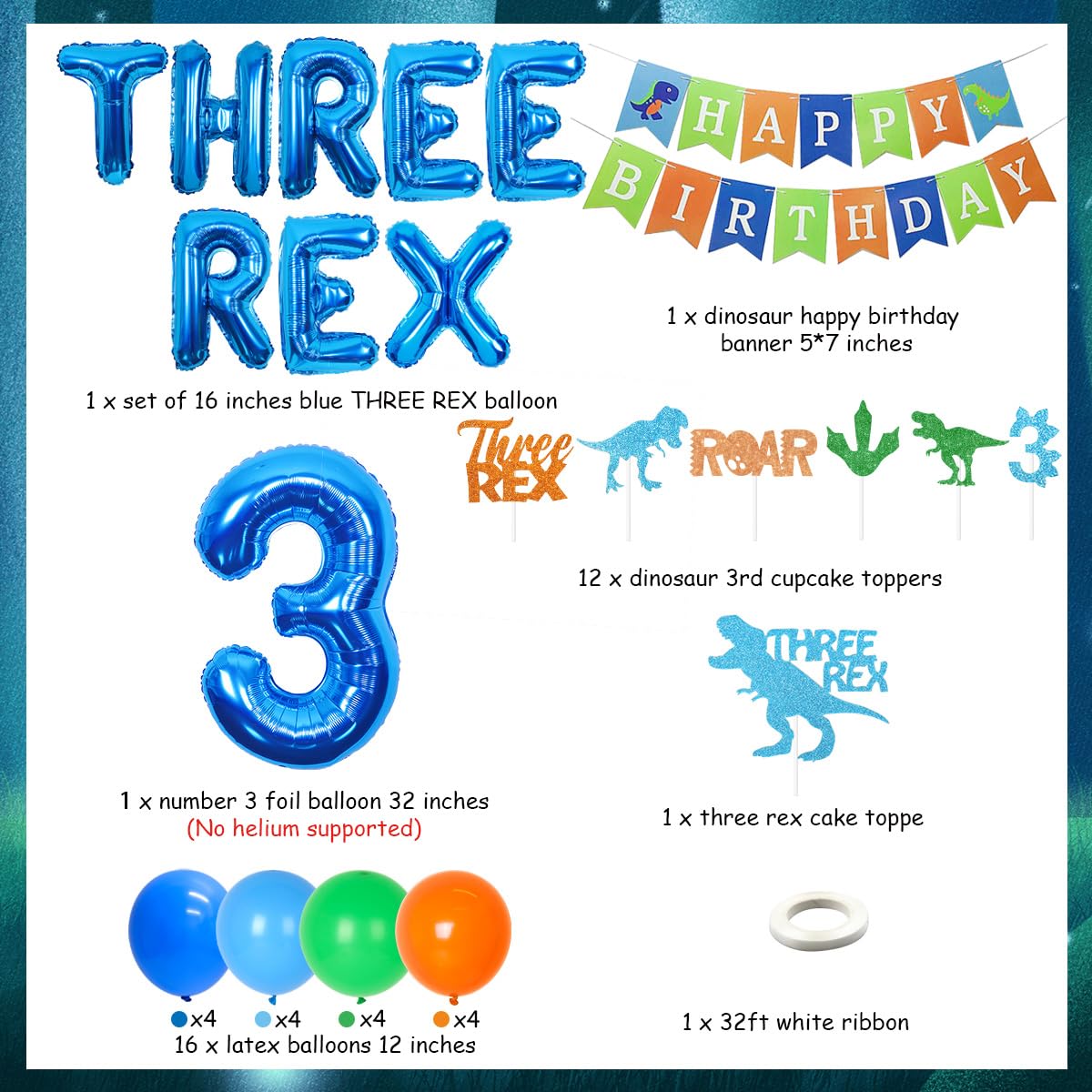 23Pcs Blue Dinosaur 3rd Birthday Party Decorations Set - Dino Banner, Balloons, Cake Toppers for Boys - Perfect for 3 Year Old's Jurassic Themed Birthday Party, Baby Shower & Classroom Decor