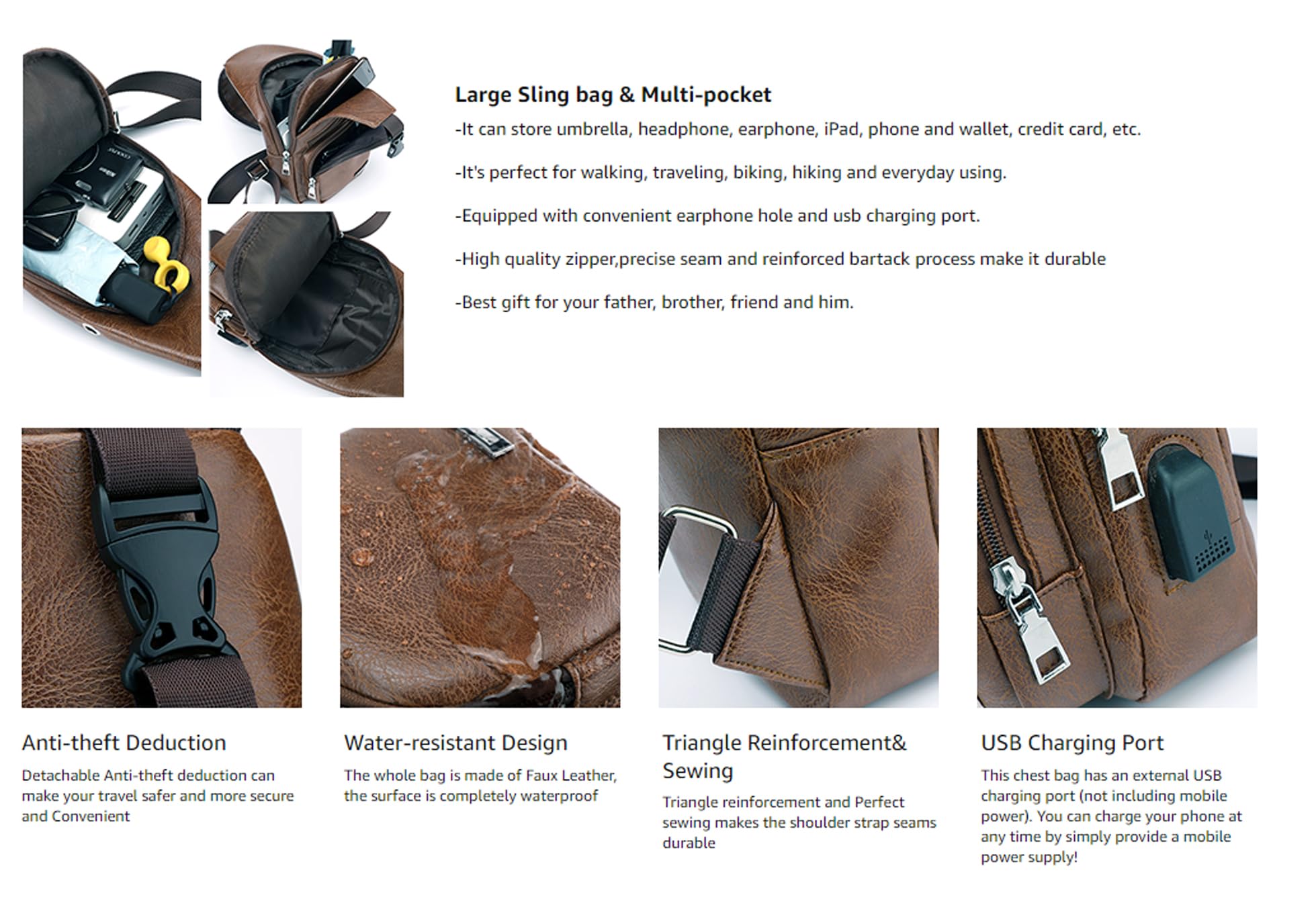Premium Genuine Leather Sling Bag for Men & Women - Adjustable Crossbody Chest Bag with USB Charging Port - Stylish Unisex Travel Backpack for Daily Commute, Weekend Outings & Outdoor Adventures