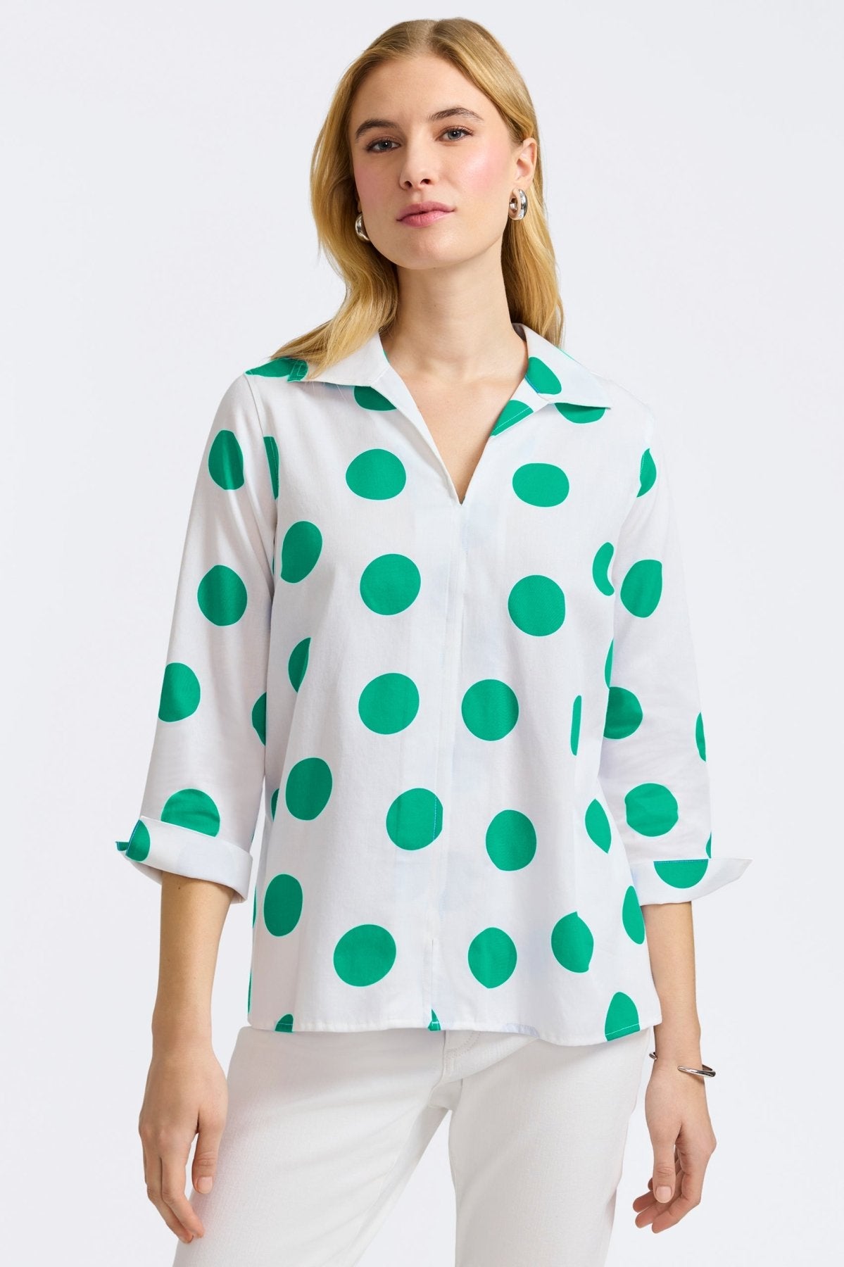 Agnes Springtime Dot 3/4 Sleeve Popover Blouse - Women's Floral Print Casual Top for Office, Date Night & Spring Outfits