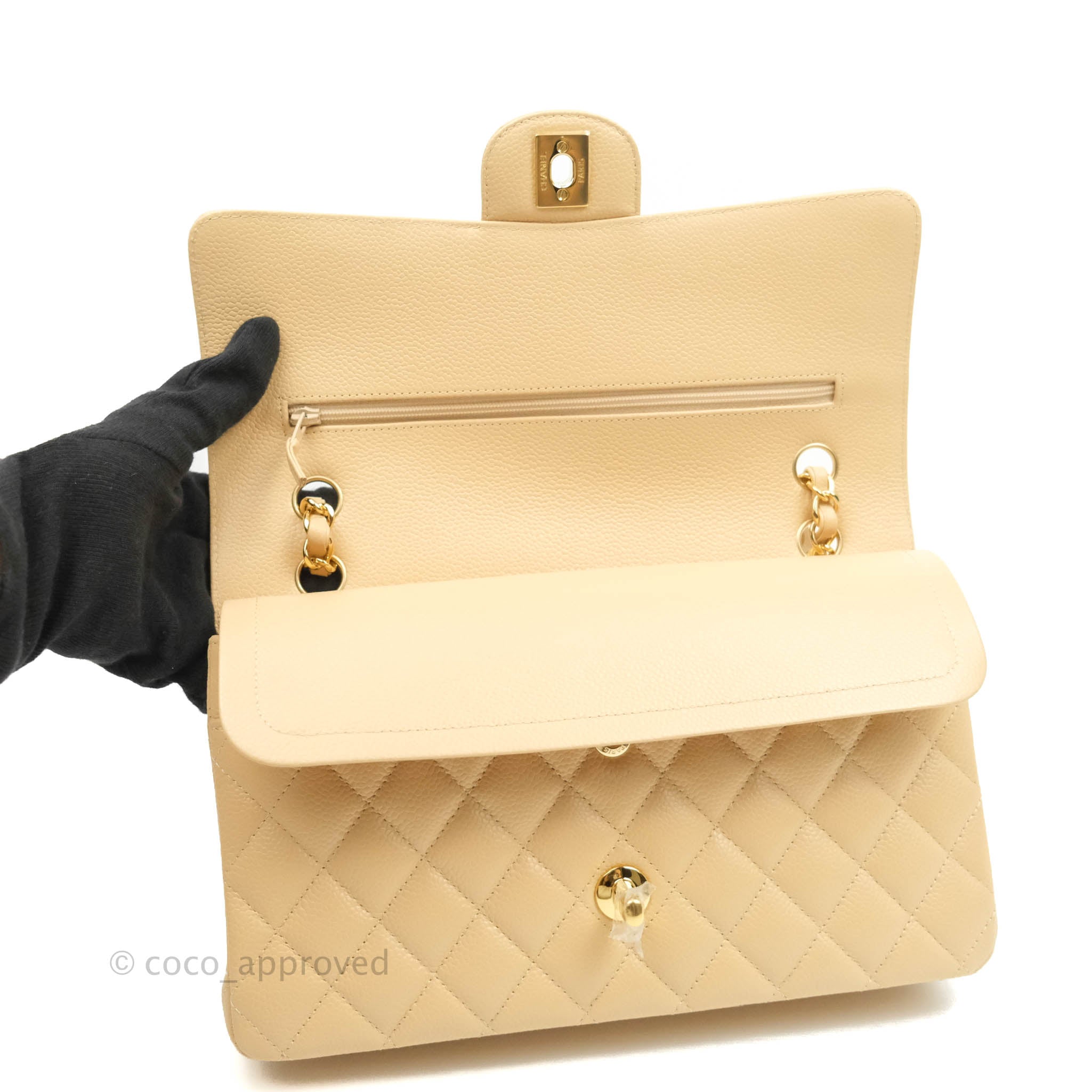 Chanel Classic Medium Double Flap Bag in Beige Caviar Leather with Gold Hardware - Luxury Designer Handbag for Women, Perfect for Work, Evening Events & Special Occasions