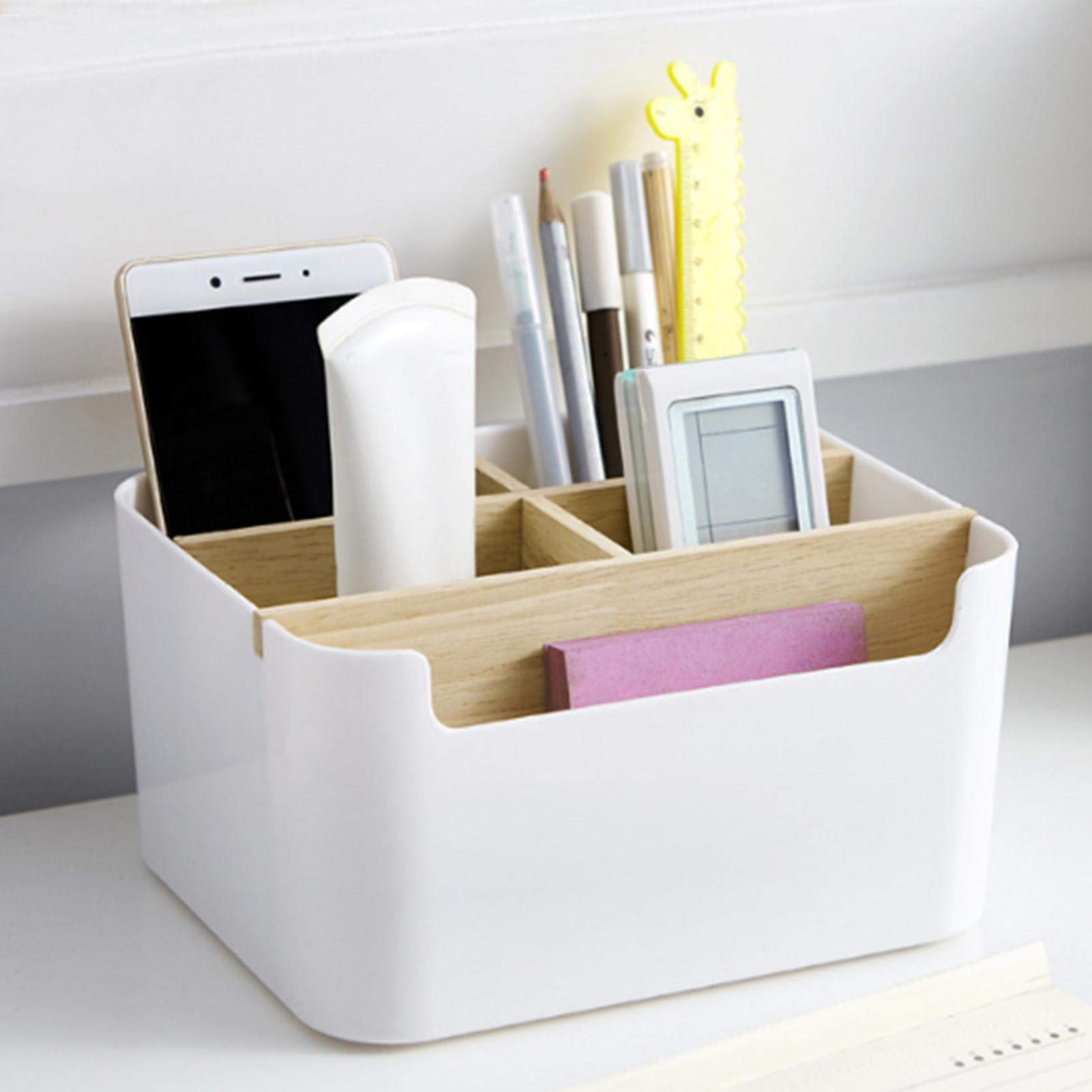 Wooden Desktop Storage Organizer with Adjustable 5 Compartment Dividers - Office Desk Organizer, Home Decoration Box for Stationery, Makeup & Jewelry Storage