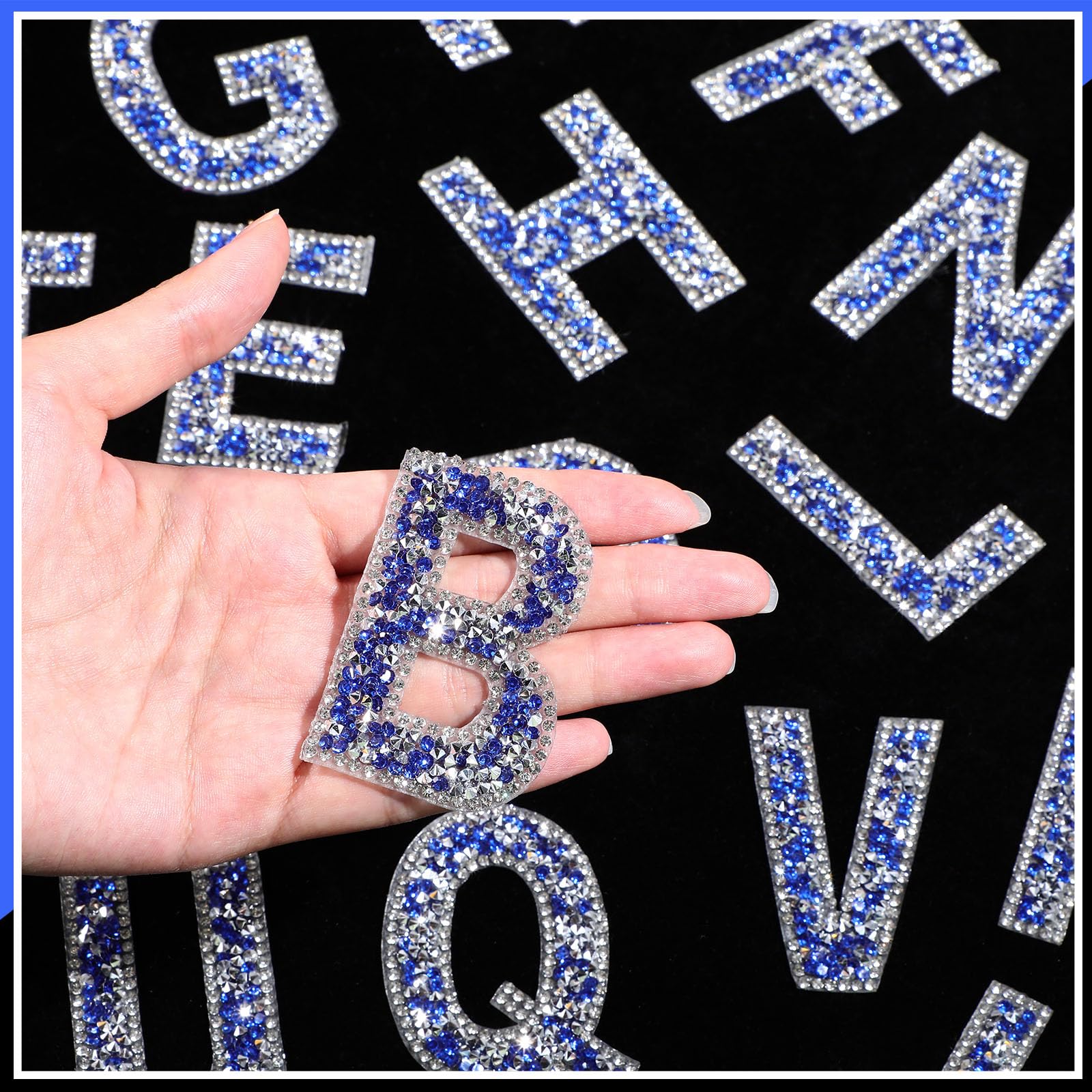 Glitter Resin Rhinestone Alphabet Letter Stickers A-Z - Self Adhesive Iron On Crystal Letters for DIY Crafts, Clothing, Scrapbooking (Blue, 52 Pieces) - Perfect for Custom T-Shirts, Hats, Bags & Home Decor