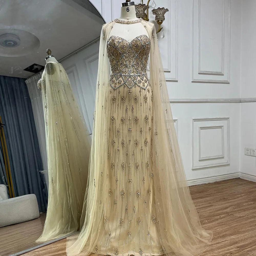 Luxury Dubai Nude Saudi Evening Gown with Detachable Cape Sleeves - Mermaid Beaded Formal Dress for Wedding, Prom, Gala & Special Occasions LA72716