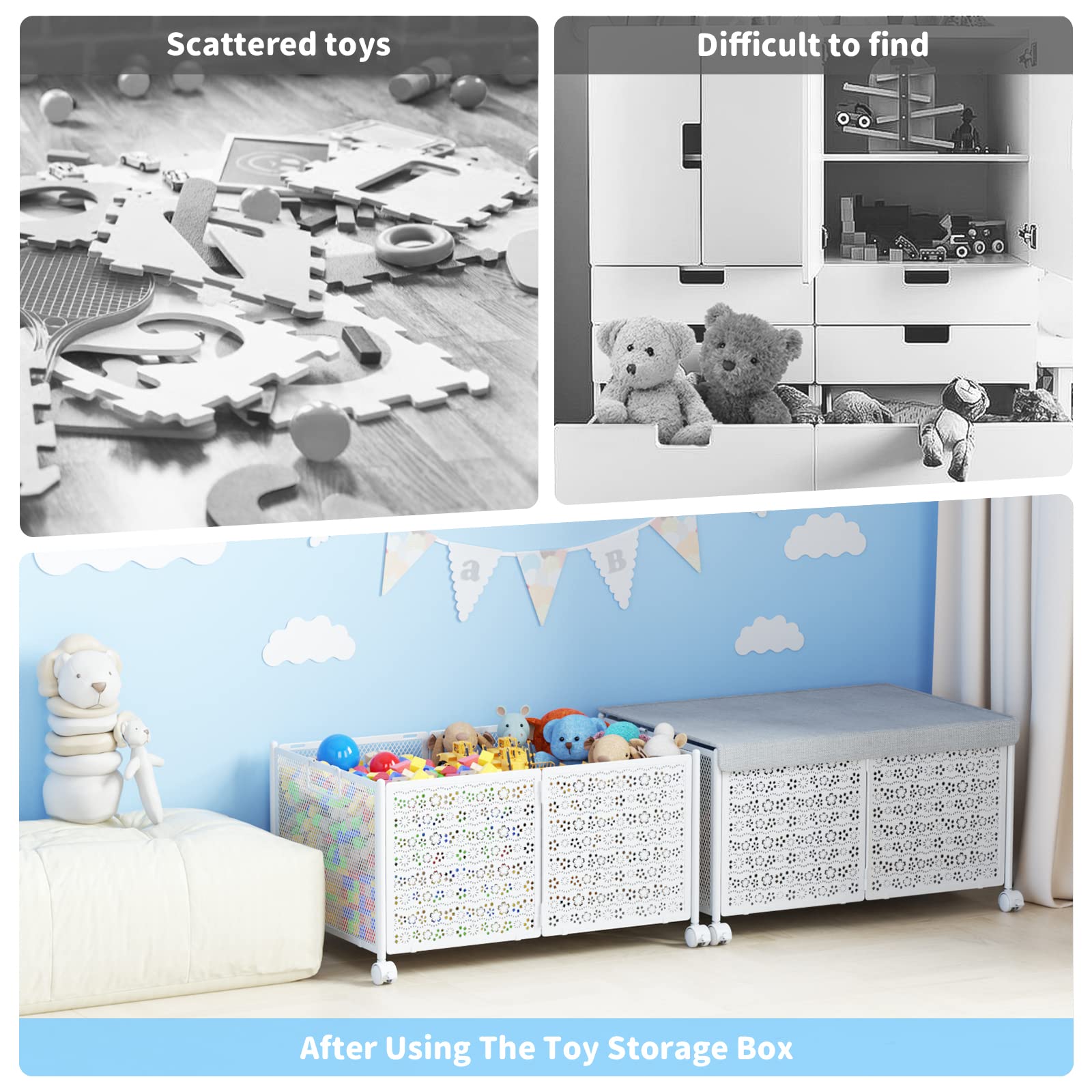 PHINOX 70L Large Toy Storage Box with Wheels - Collapsible Metal Toy Organizer for Kids, Boys & Girls - Durable Toy Chest for Nursery, Playroom & Bedroom - Perfect for Organizing Toys, Books & Games (White)