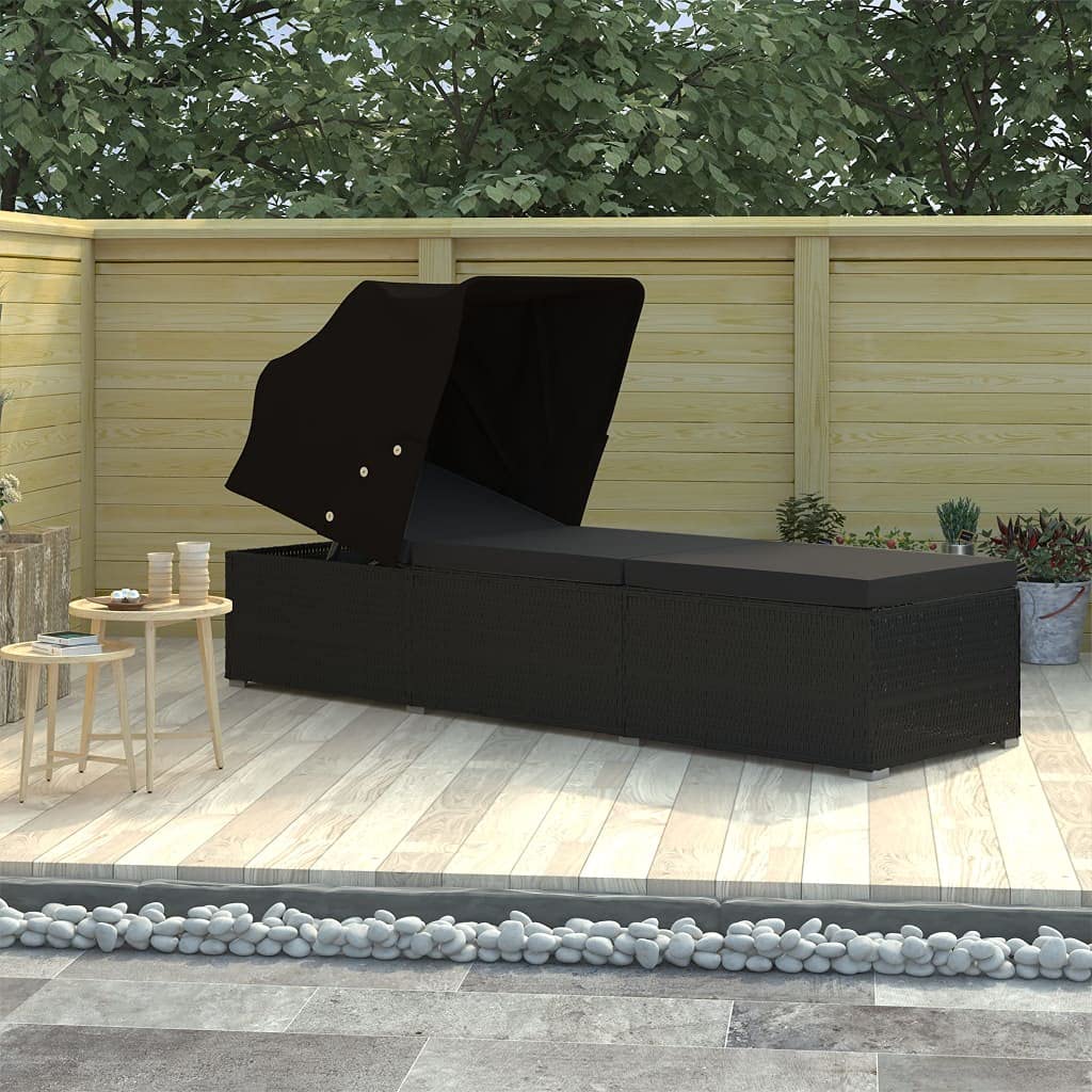 Outdoor Sunbed Patio Furniture - Black Poly Rattan Sun Lounger with Canopy & Cushion | Fast Shipping | Perfect for Poolside, Garden & Backyard Relaxation