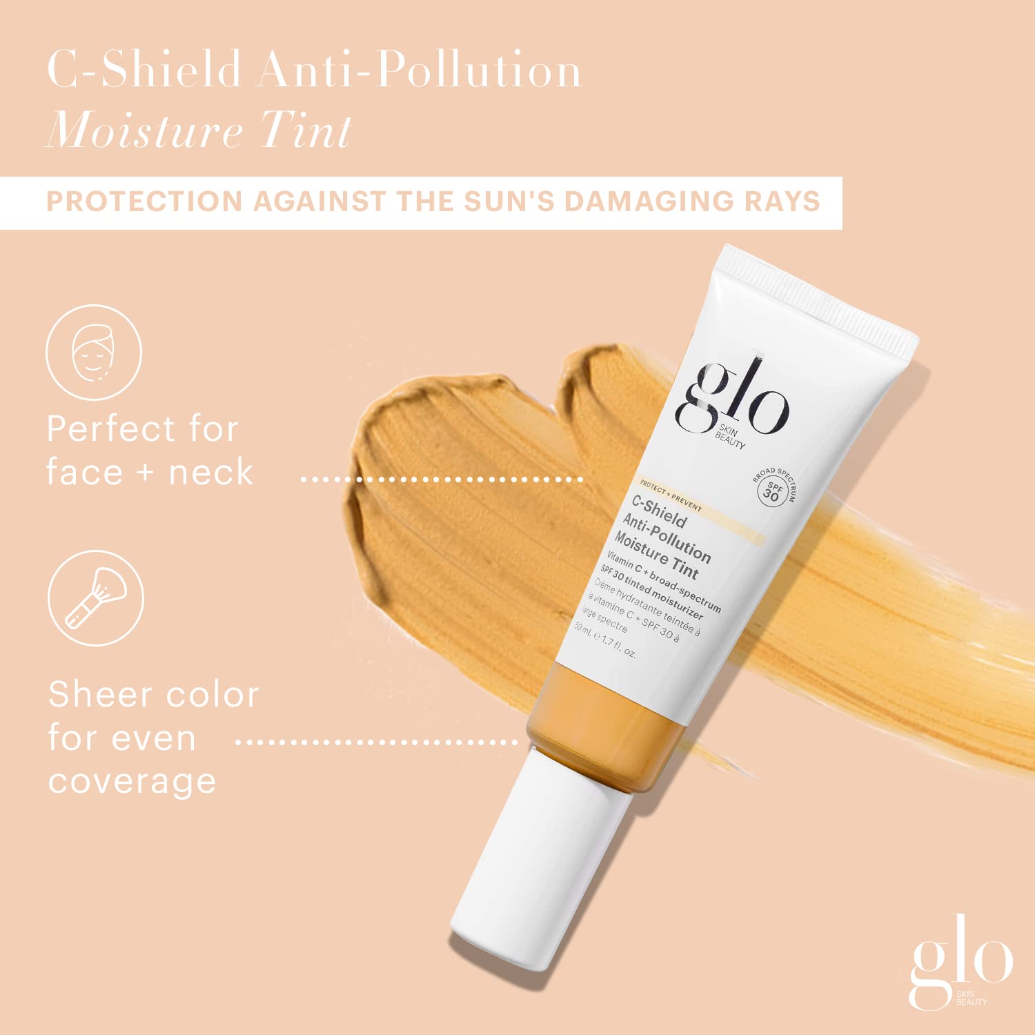 Glo Skin Beauty C-Shield Anti-Pollution Moisture Tint SPF 30 - Vitamin C Tinted Moisturizer for Face with Broad Spectrum Protection, 1.7 Oz (6W Medium) | Daily Hydration & Sun Defense for Work & Outdoor Activities