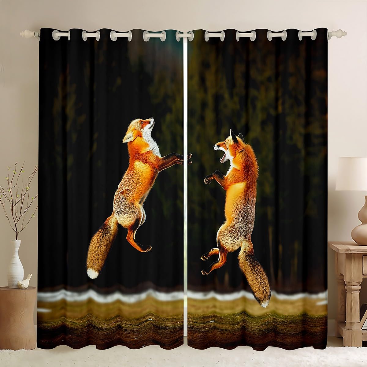 Feelyou Fox Print Curtains - 3D Cartoon Woodland Fox Window Drapes for Bedroom & Living Room - 42x63 Inches, 2 Panels - Perfect for Kids & Adults Animal Theme Decor - Ideal for Nursery, Playroom, or Cabin Retreat