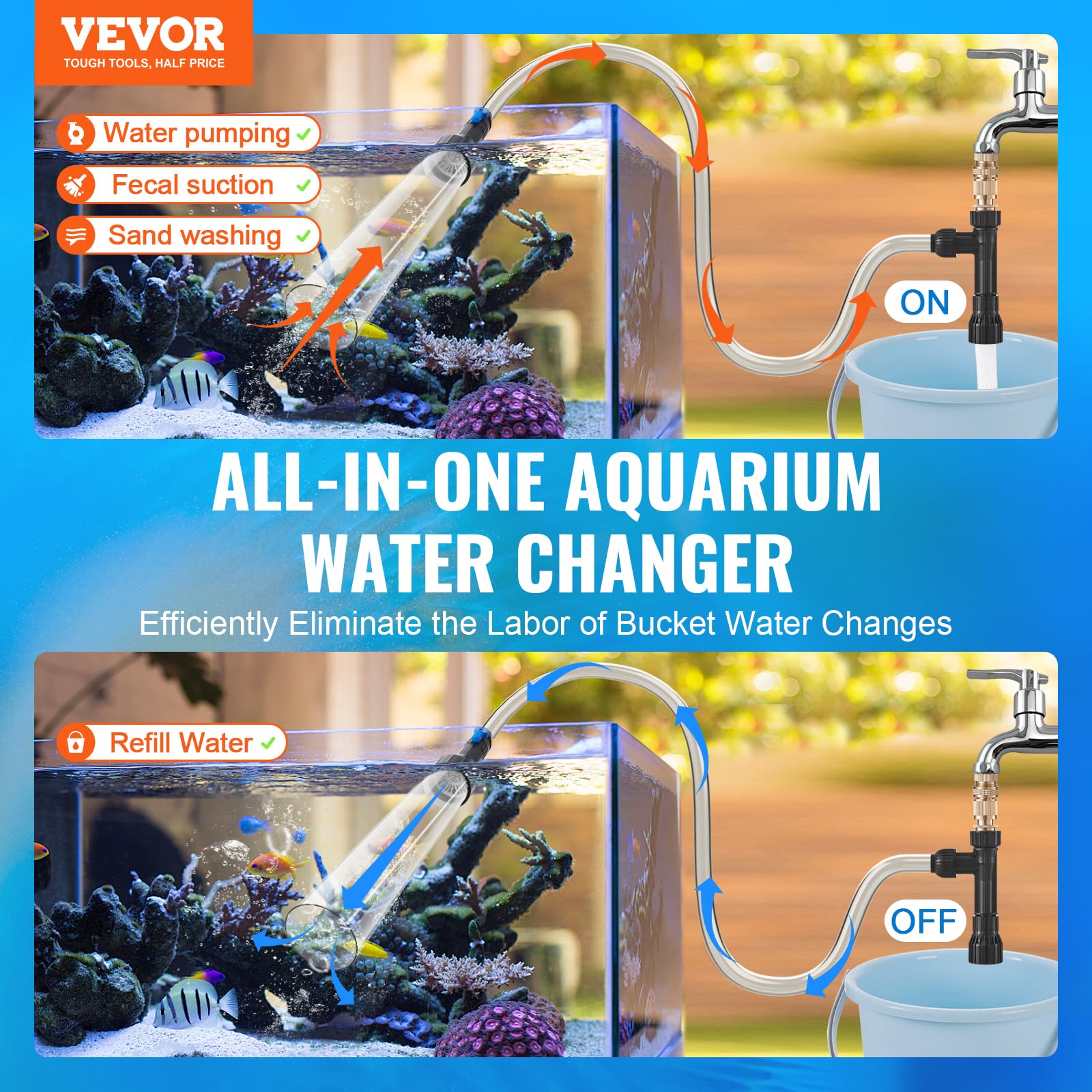 VEVOR Aquarium Gravel Cleaner with 50ft PVC Hose - 3 Brass Adapters for Fish Tank Cleaning | Sand & Gravel Siphon Vacuum | Perfect for Freshwater & Saltwater Tank Maintenance