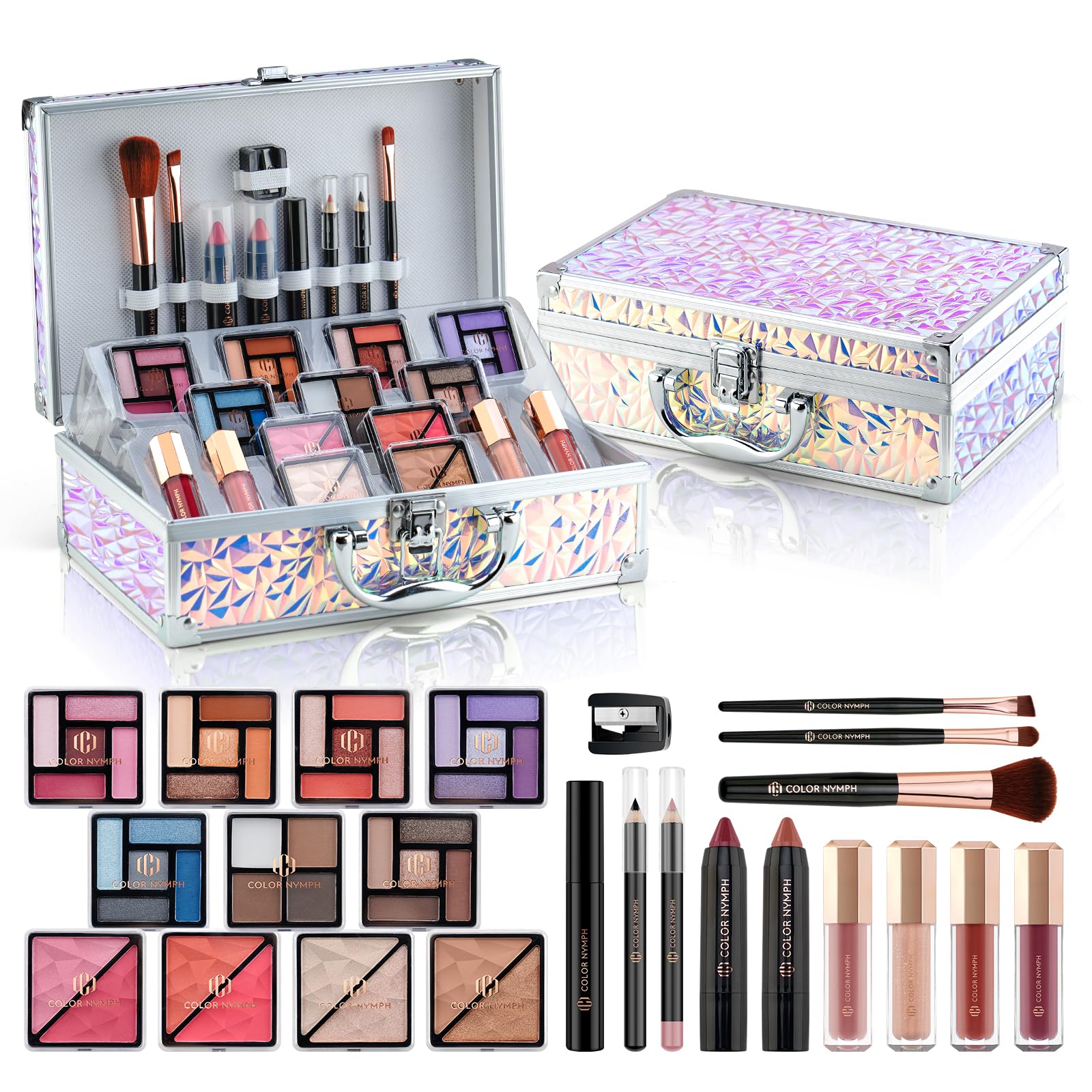 Professional Color Nymph Makeup Kit with Travel Case - Complete Cosmetic Set for Teens & Beginners (Eyeshadow, Lipstick, Blush, Lip Gloss, Mascara + Tools) - Dreamy Silver - Perfect for Everyday Makeup, Parties & Travel