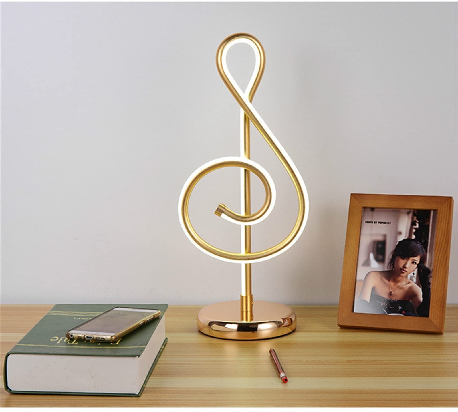 Nordic LED Bedside Night Stand Lamp - 3-Color Dimmable Table Light with Music Note Design, Eye Protection Reading Lamp for Bedroom, Living Room, Office (Golden) - Perfect for Night Reading, Study & Home Decor