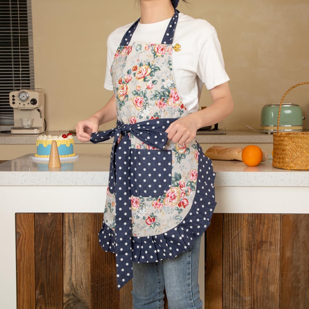 Floral Cotton Kitchen Aprons for Women with Pockets - Adjustable & Stylish Cooking Bib Apron for Baking, Grilling & Home Chef Use