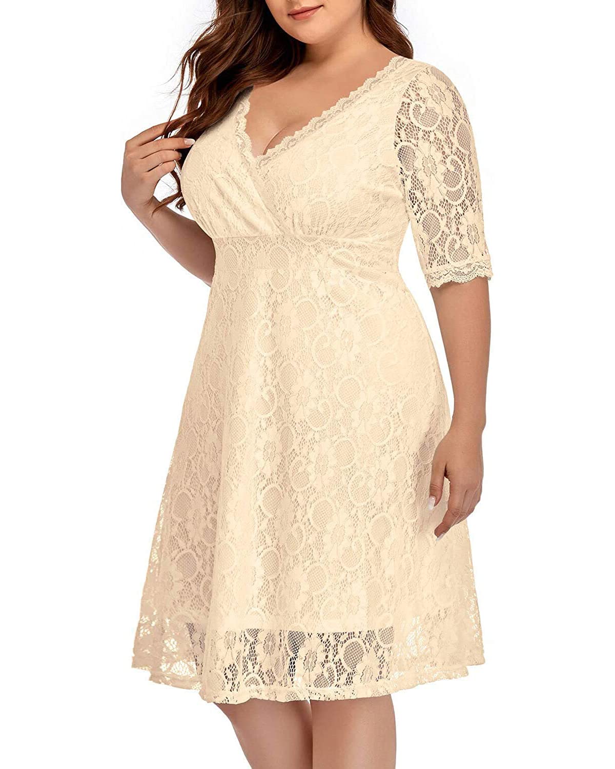 Plus Size Women's Lace Wrap V-Neck Knee-Length Cocktail Dress for Wedding Guest & Semi-Formal Parties | Elegant Evening Wear for Special Occasions