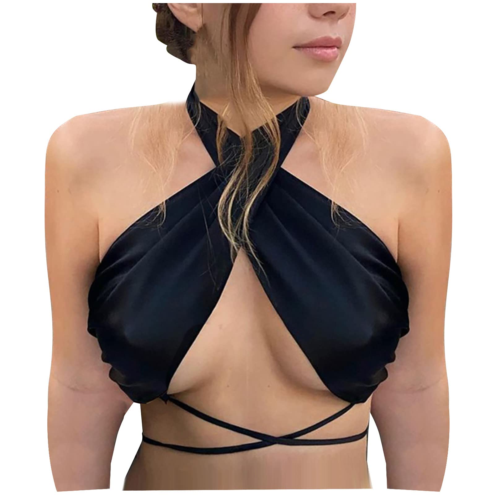Women's Crisscross Cropped Tank Top - Sexy Halter Sleeveless Plain Solid Tee Shirt | Perfect for Summer Outfits, Beach Wear & Casual Fashion