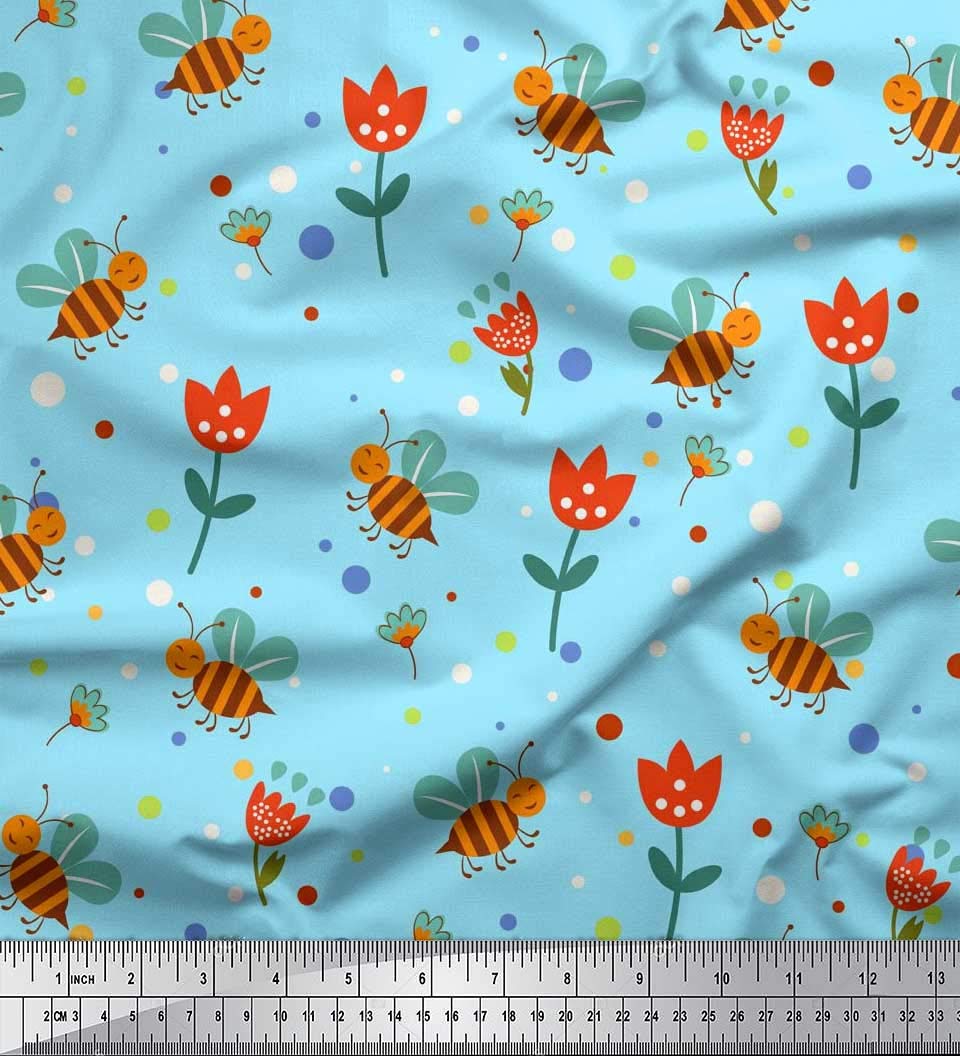 Soimoi Blue Georgette Viscose Fabric - Floral Honey Bee Print for Dresses & Scarves