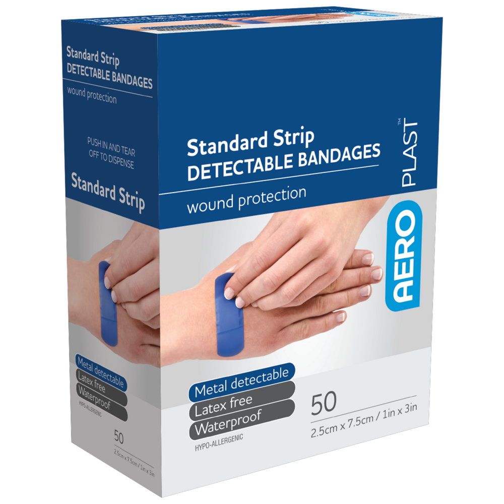 Standard Detectable Bandages (Extra Wide Strip) - Pack of 50 | First Aid Wound Care for Food Service & Industrial Safety