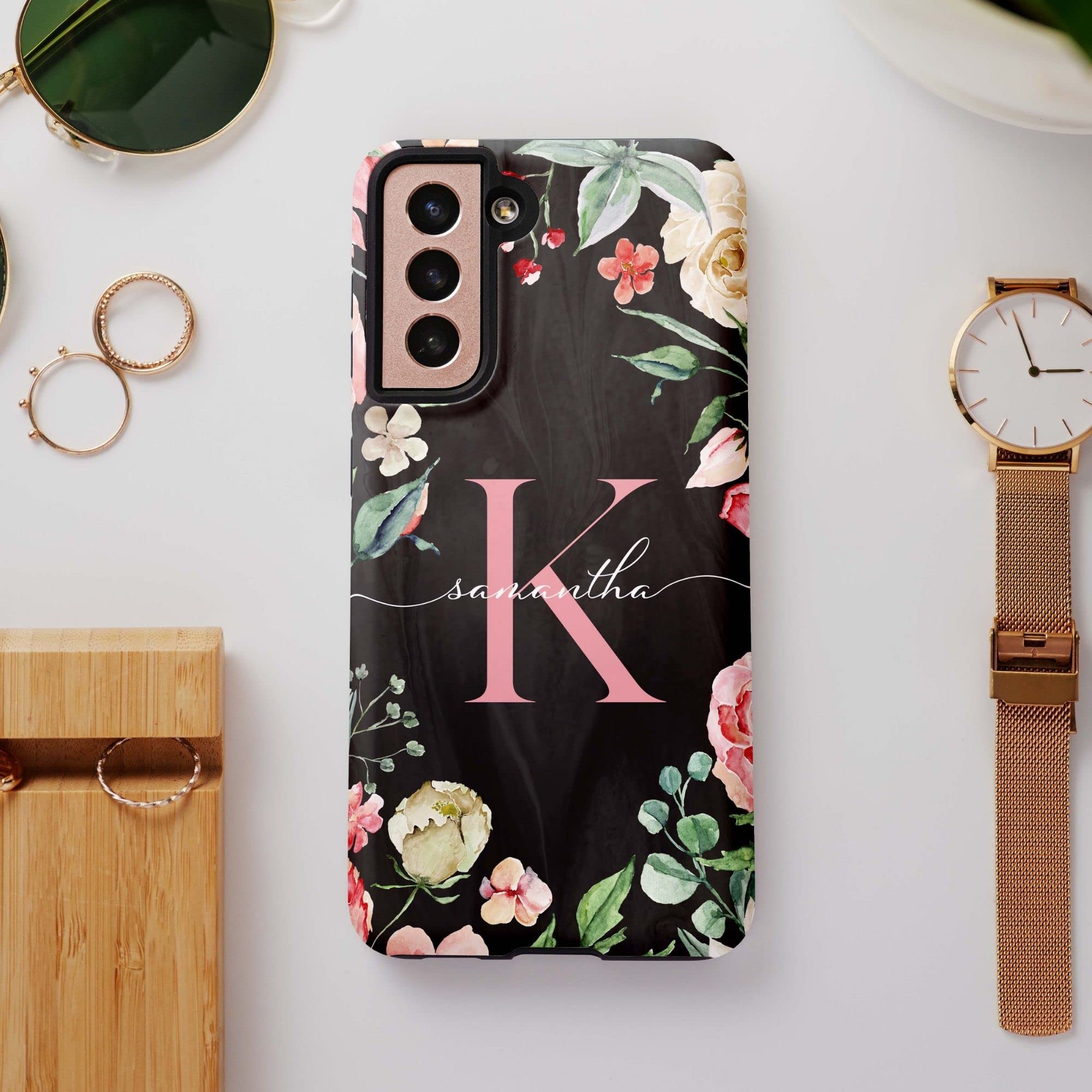 Personalized Monogram Rose Design Phone Case - Compatible with Samsung Galaxy S25 Plus/S24 Ultra/S23/S22/S21/S20/S10/S9/S8/Note 20/10 - Perfect Gift for Valentine's Day, Anniversary & Special Occasions