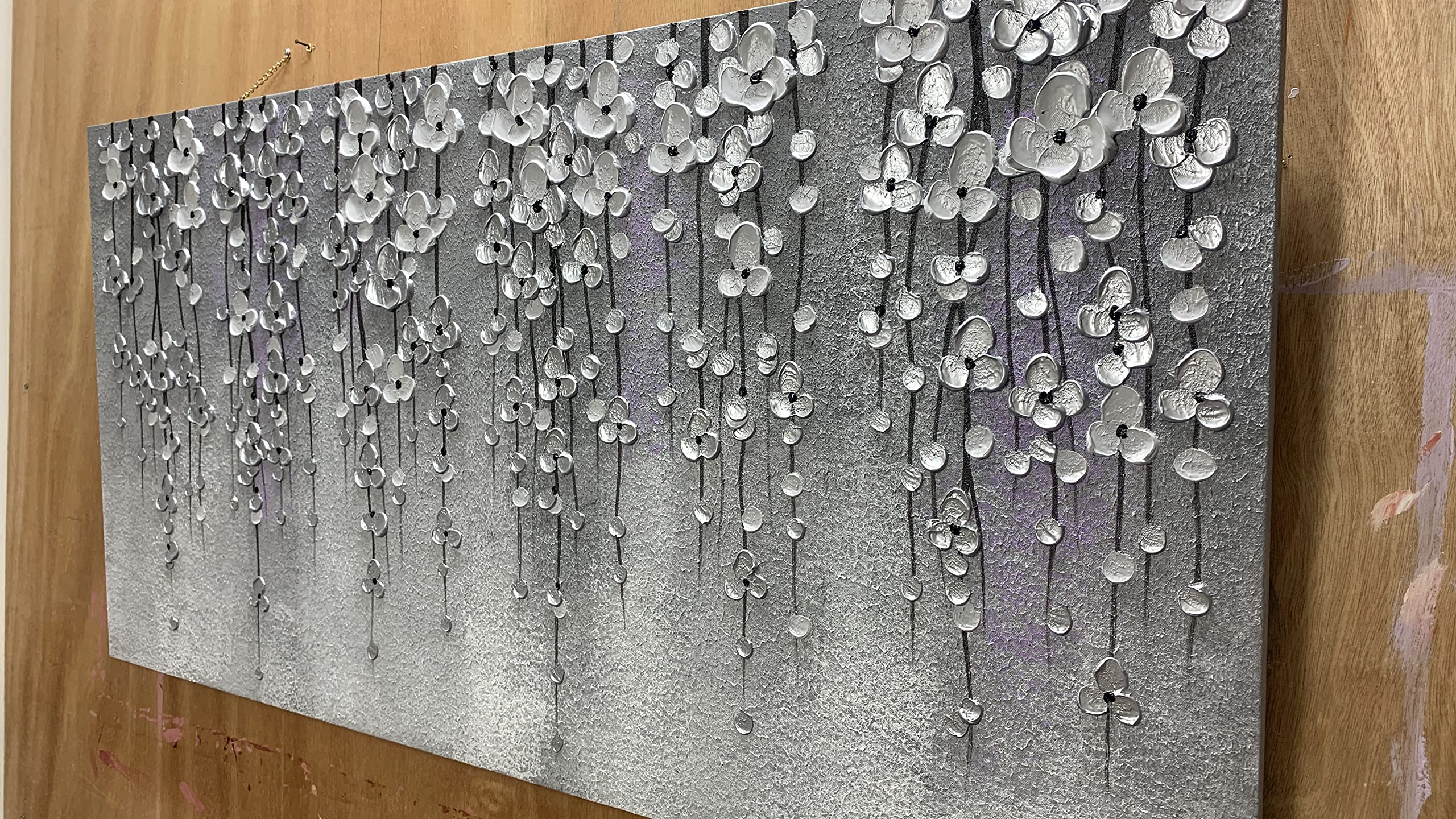 Yika Art 24x48 Inch Modern Abstract Oil Painting - Hand Painted Canvas Wall Art Decor for Living Room, Bedroom & Office - Silver Flower 3D Artwork (Grey) | Perfect for Home Decor, Housewarming Gifts & Interior Design