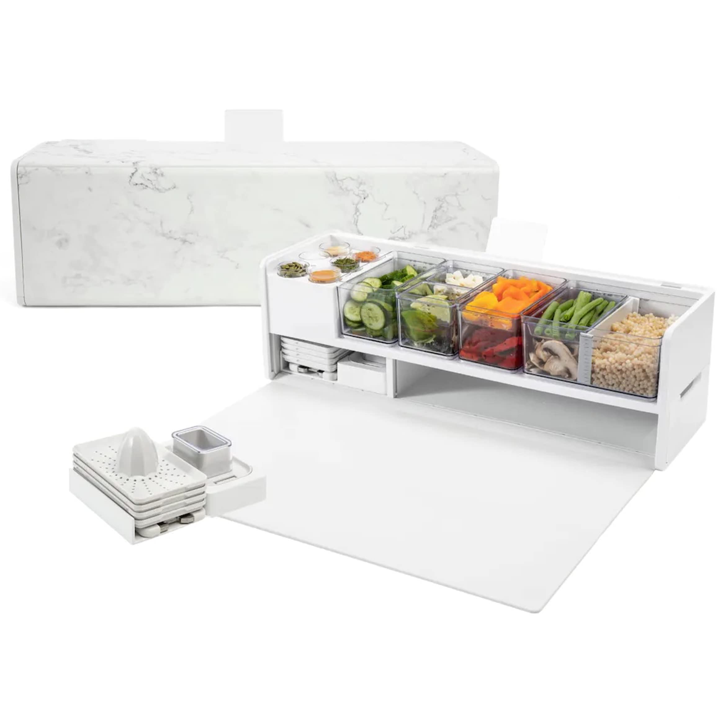 Prepdeck Gen 2 Meal Prep Station - 8-in-1 Kitchen Organizer with Deluxe Cutting Board, 14 Redesigned Airtight Containers & Super-Seal Lids, Removable Trash Bin & Bonus Tablet Stand | Perfect for Home Cooking, Meal Planning & Food Storage Organization
