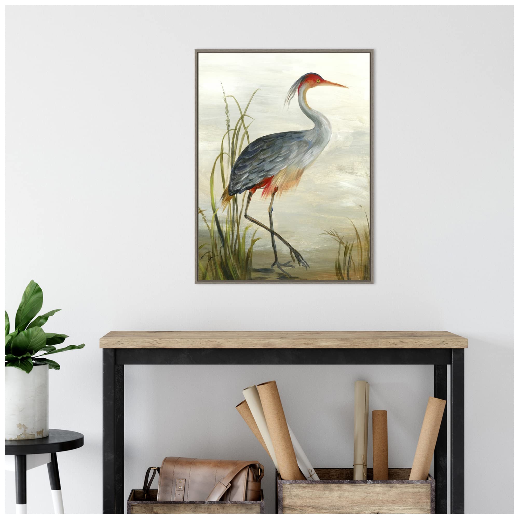 Amanti Art Framed Canvas Wall Art - 30x23 Grey Heron Painting by Aimee Wilson, Rustic Farmhouse Decor, Animal Artwork for Living Room, Bedroom, Bathroom & Kitchen | Large Framed Poster for Home & Office Décor