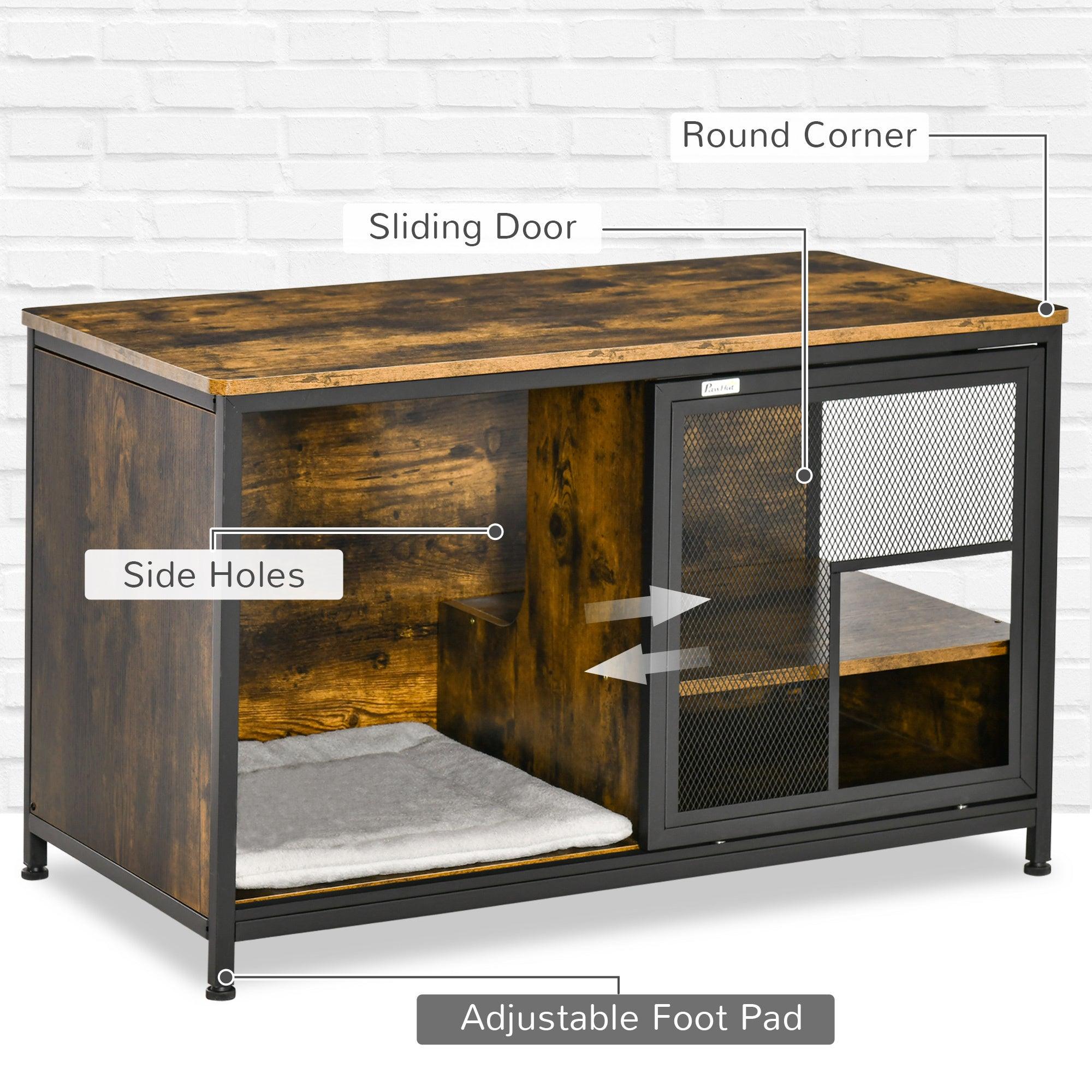 Stylish Wood & Steel Pet House - Cat Kennel & Dog Cage with Cushion, Sliding Doors - Rustic Brown End Table for Living Room, Bedroom Decor