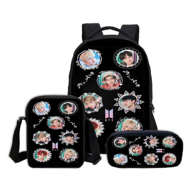 BTS Themed Casual Backpack for School, College & Office - 3-Size Combo with Lunch Box & Pencil Pouch (Black) | Perfect for K-Pop Fans, Students & Professionals | Durable Unisex Bag for Daily Use, Travel & Work