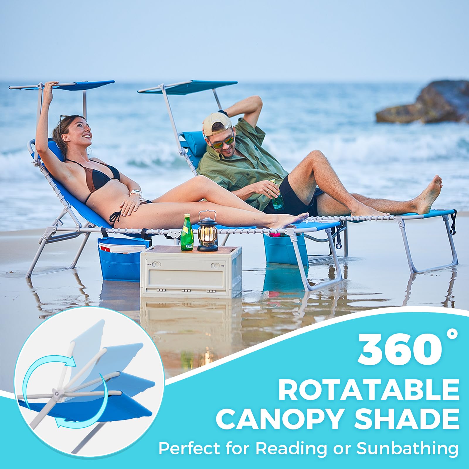 WEJOY Adjustable Folding Chaise Lounge Chair with Canopy Shade & Headrest Pillow - Portable Outdoor Sunbathing Chair for Beach, Pool, Lawn, Camping & Backyard Relaxation | Perfect for Tanning, Lounging & Reading by the Water
