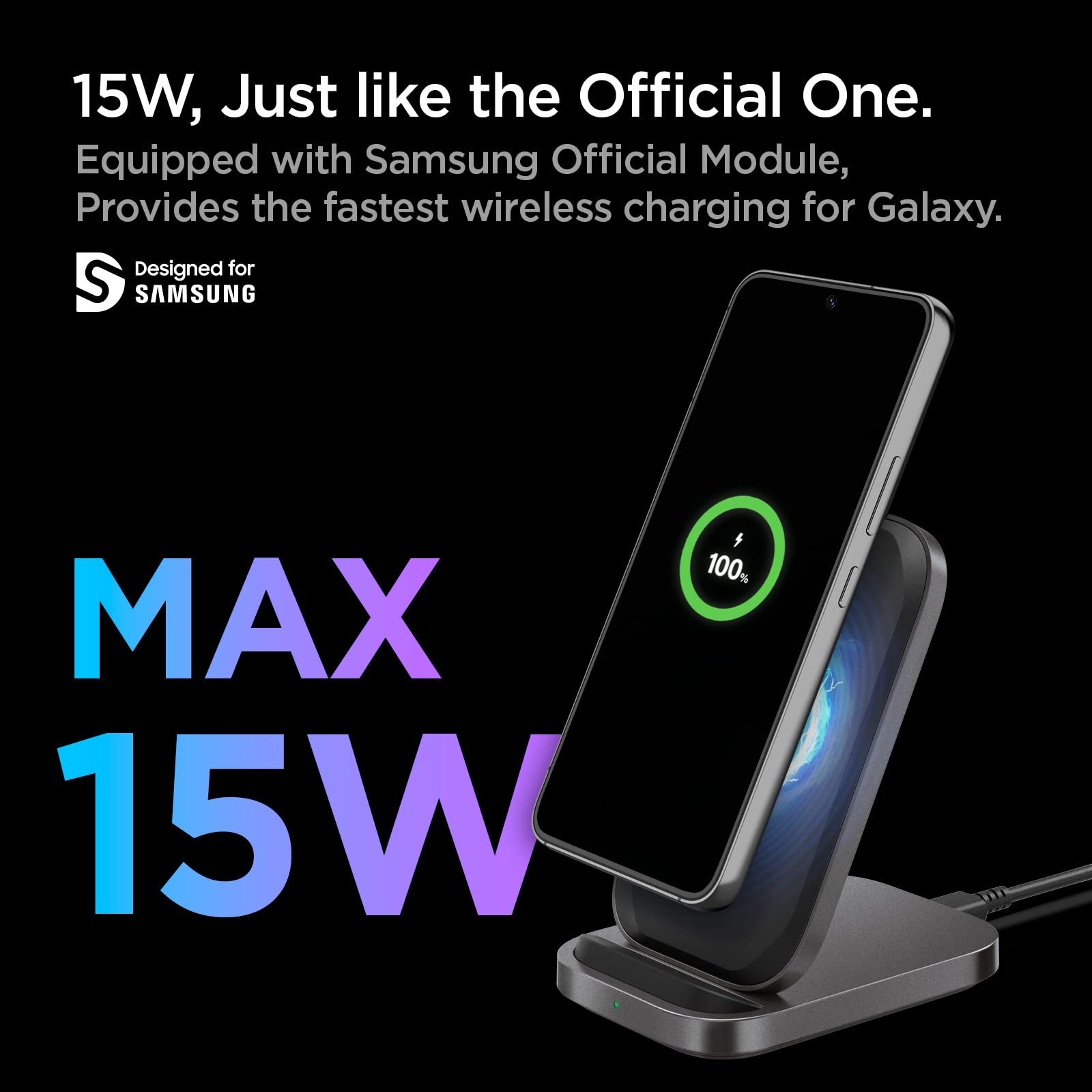 Spigen 15W Fast Wireless Charger Stand for Samsung Galaxy S25/S24/S23/Note 20/10, Z Fold/Flip 6/5/4/3 - Qi Certified Super Fast Charging Pad - Perfect for Home, Office & Nightstand Use (Adapter Not Included)