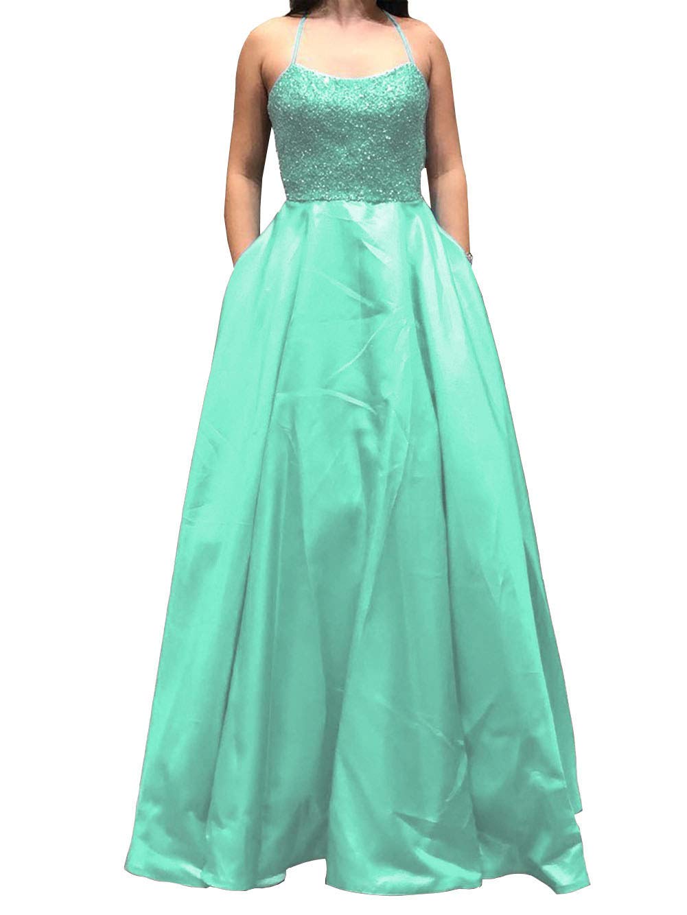 Emanni Women's Backless Spaghetti Strap A-Line Prom Dress - Satin Formal Evening Gown with Pockets for Homecoming, Ball, Wedding Guest & Special Occasions