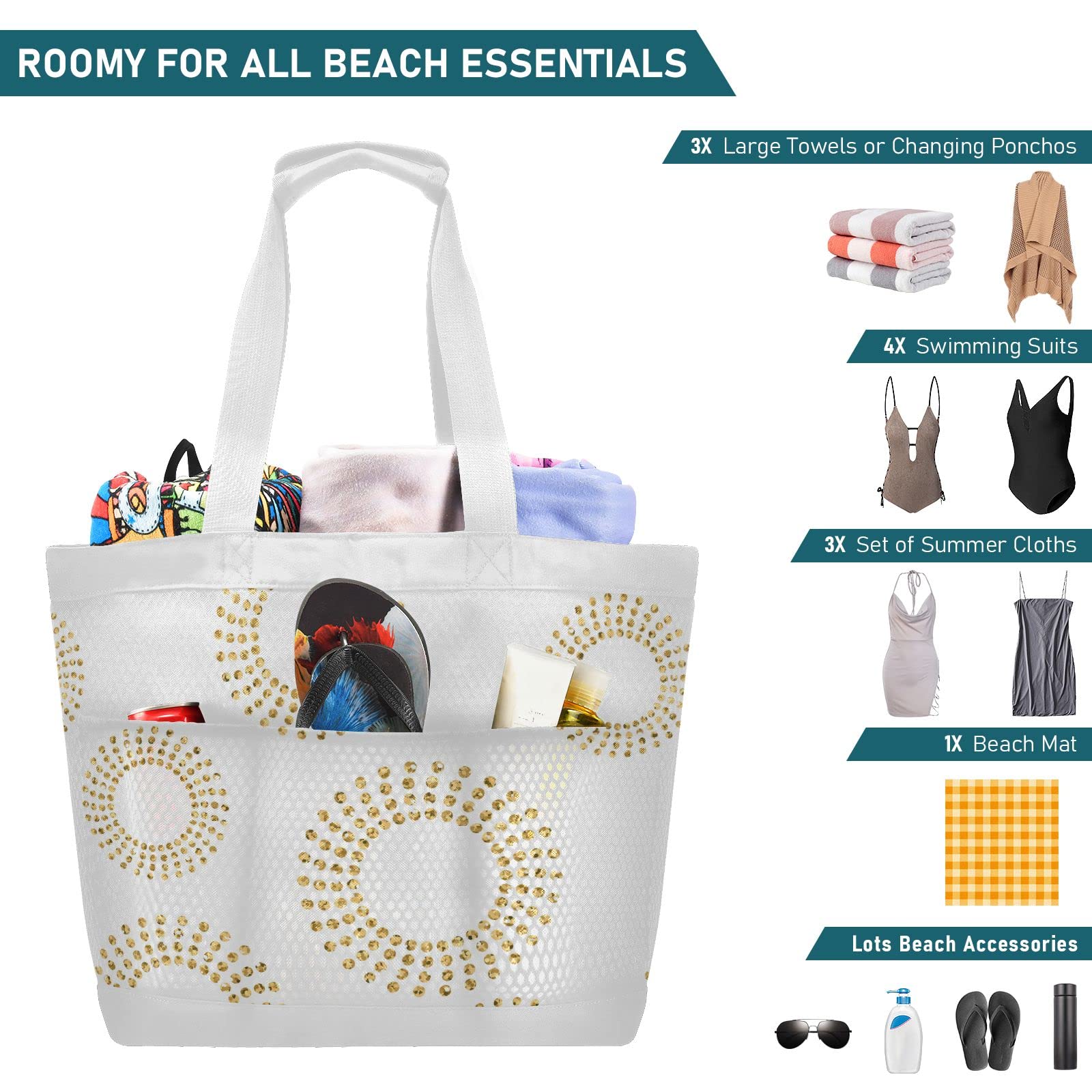 J JOYSAY Abstract Gold Circle Mesh Beach Tote Bag - Large Waterproof Women's Travel Tote for Beach, Gym & Overnight Trips | Perfect for Summer Vacation, Pool Party & Shopping
