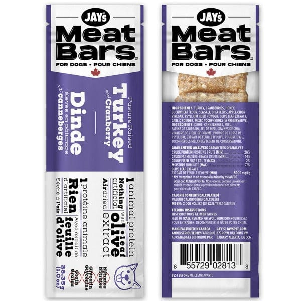 Jay's Meat Bars for Dogs - Turkey & Cranberry Flavor | High Protein Dog Treats for Training & Rewards | Perfect for Outdoor Adventures & Travel Snacks