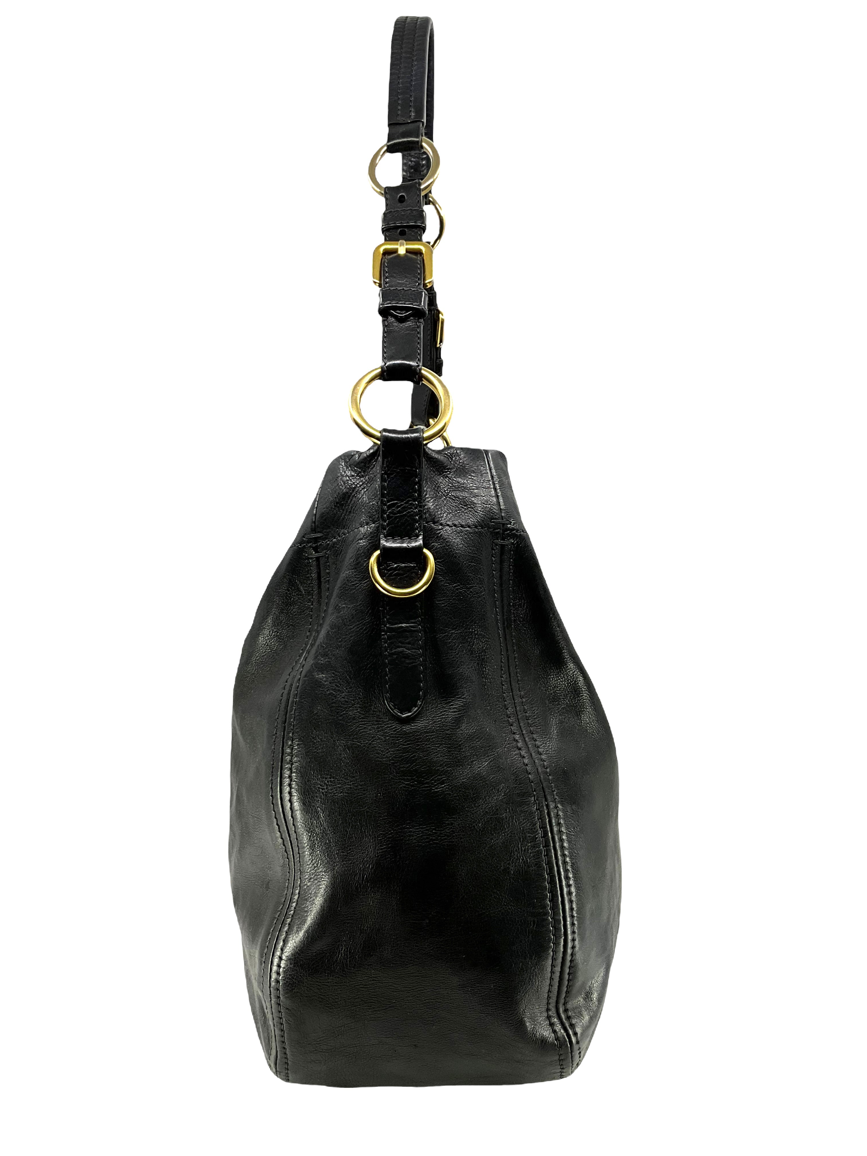 Prada Black Glace Calf Leather Hobo Handbag for Women - Luxury Shoulder Bag for Work, Travel & Everyday Use