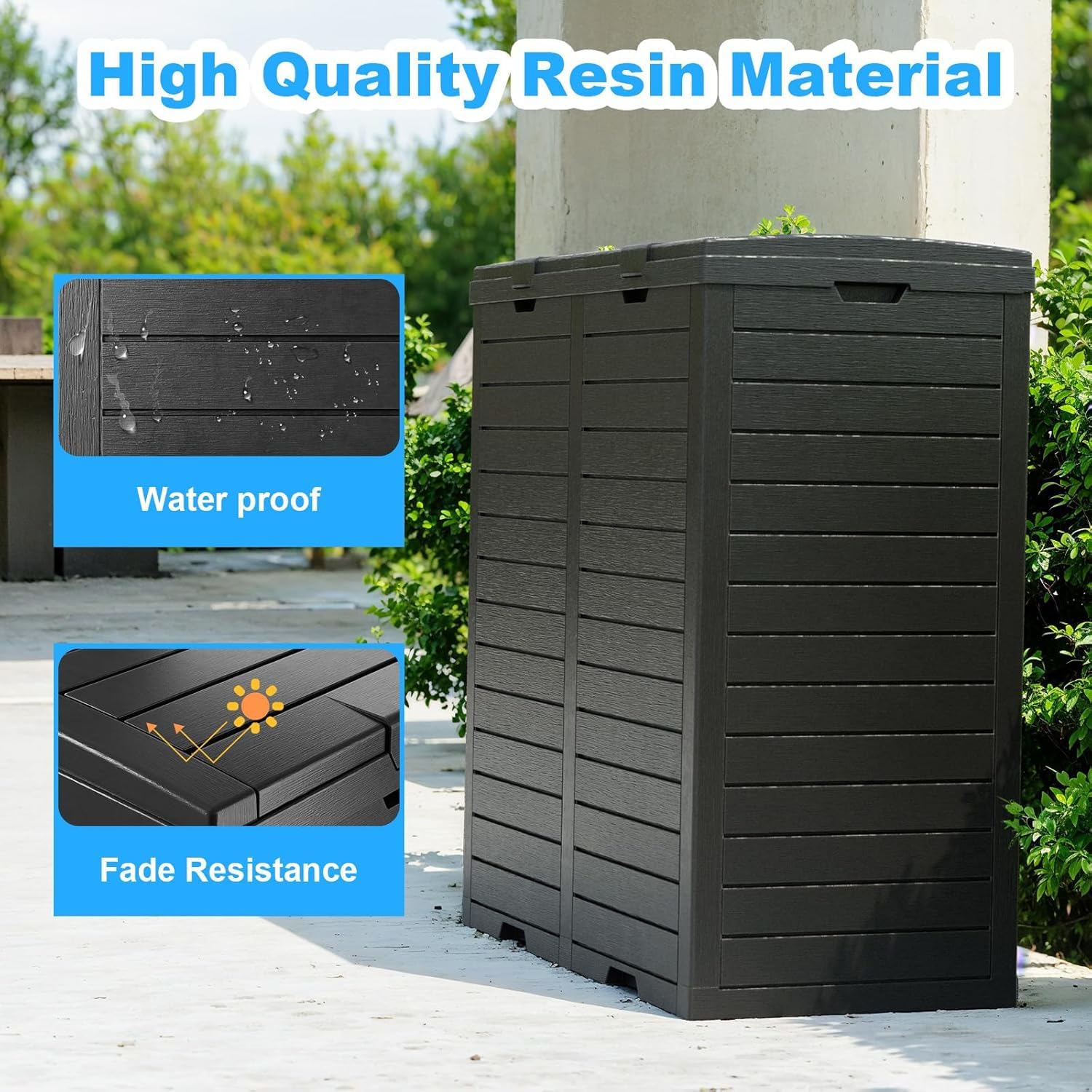 Heavy-Duty Outdoor Trash Can with Lid - Waterproof Resin Garbage Bin with Pull-Out Liquid Drawer & Dual Lid Closure - Ideal for Patio, Backyard, Deck, Garden, and Poolside (Black) - Perfect for Outdoor Entertaining and Waste Management