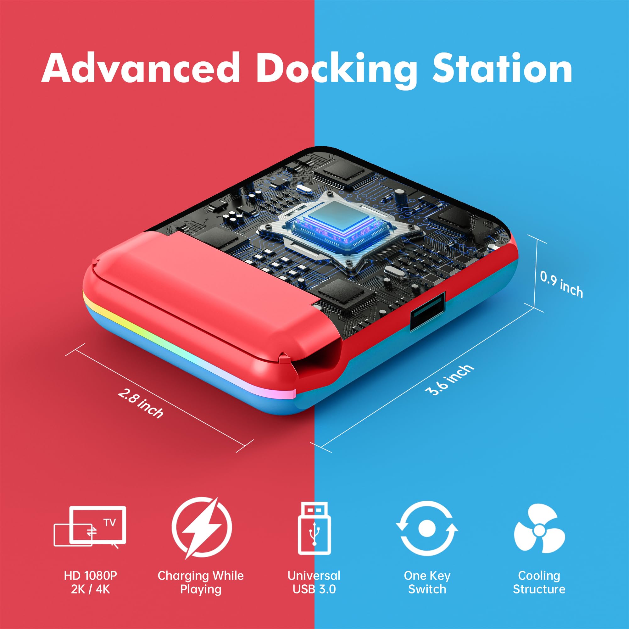 Nintendo Switch & Switch OLED TV Docking Station - 4K/1080P HDMI Adapter with Fast Charging, USB 3.0 & USB-C Ports - Foldable Design (Red/Blue) - Perfect for Home Gaming & Travel Entertainment